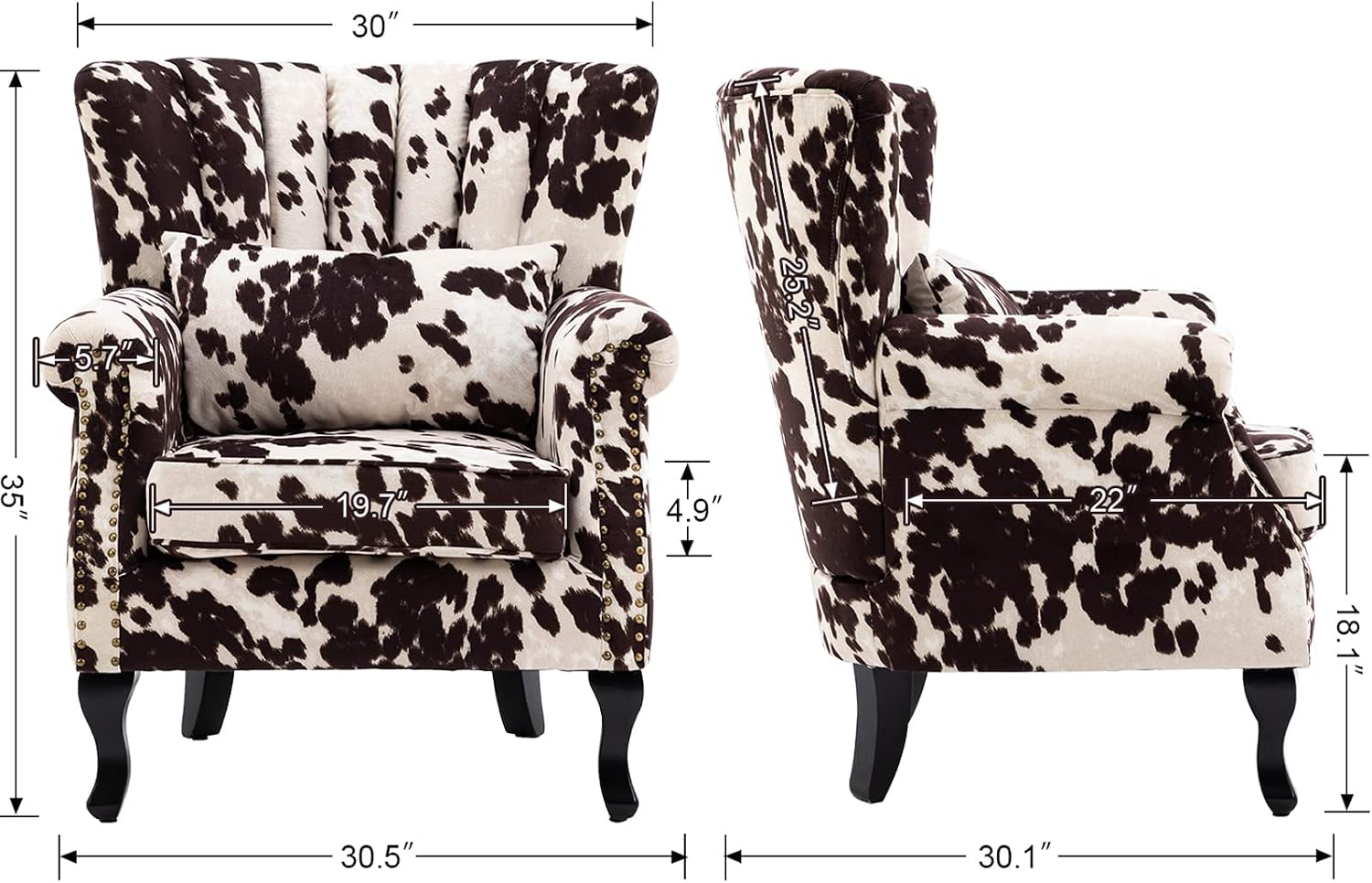 Kmax Cow Print Accent Chair Velvet Wingback Chair with Pillow Nail-Head Channel Tufted Oversized Club Chair for Living Room Bedroom Guest Room