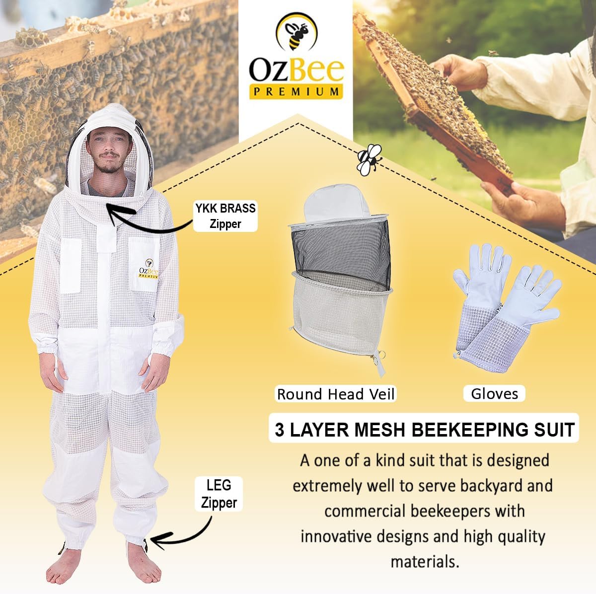 OZBEE 3-Layer Ventilated Mesh Beekeeping Suit with Fencing Hoodie Veil & Round Veil, Includes Goatskin Leather Gloves