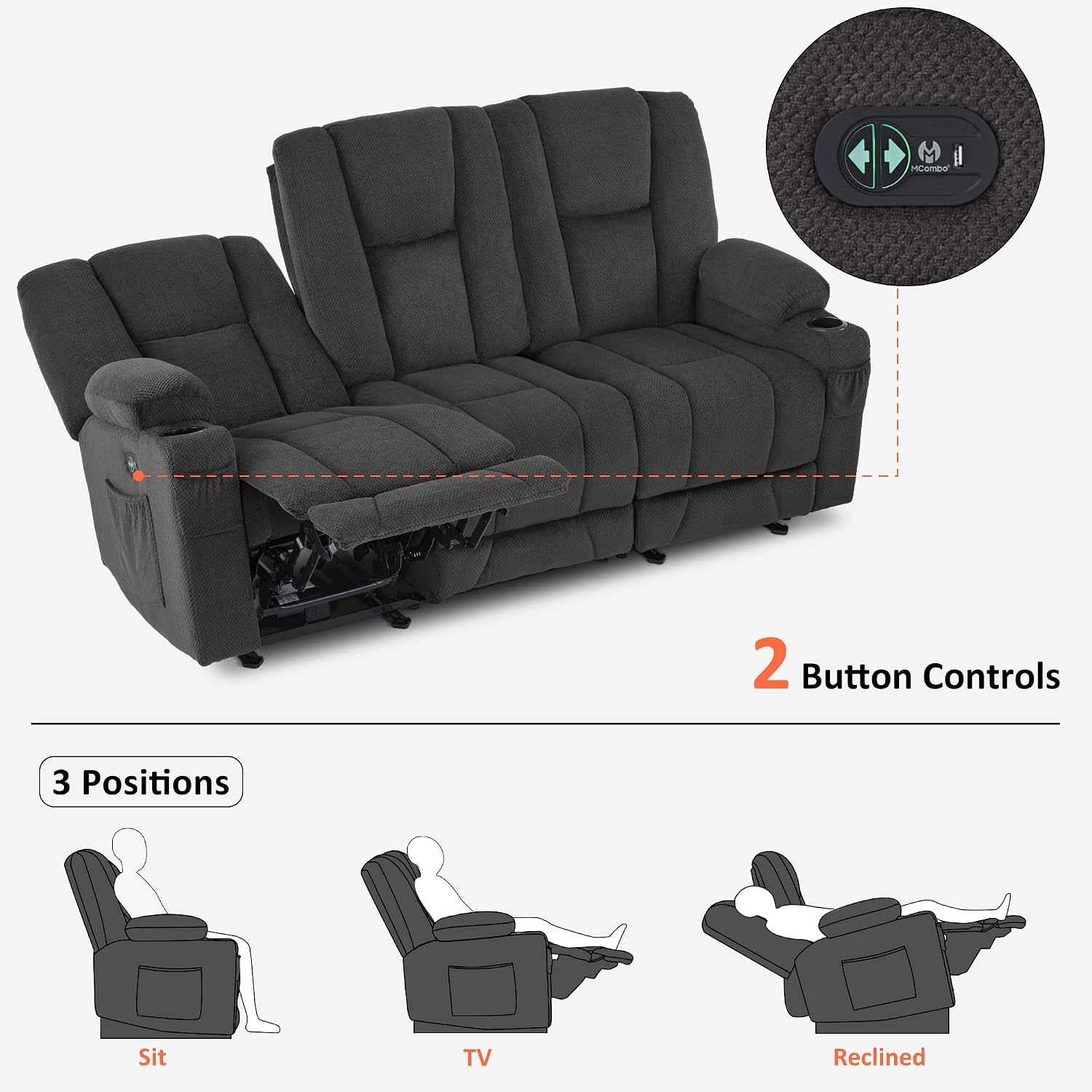 MCombo Zero Gravity 3 Seater Power Reclining Sofa, Heat and Vibration Massage, Recliner Couch for Living Room, Fabric 6035SET (Grey, 3 Seater)