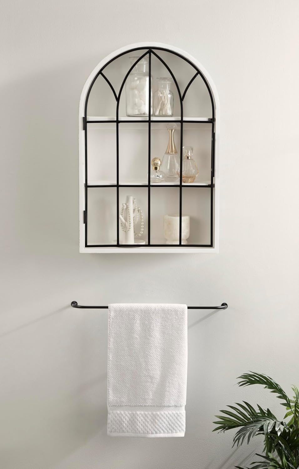 Kate and Laurel Megara Decorative Wooden Hanging Arched Wall Cabinet with Door for Open Storage; 16 x 6 x 24; White and Black; Wooden Floating Wall Bathroom Cabinet for Above Toilet Storage