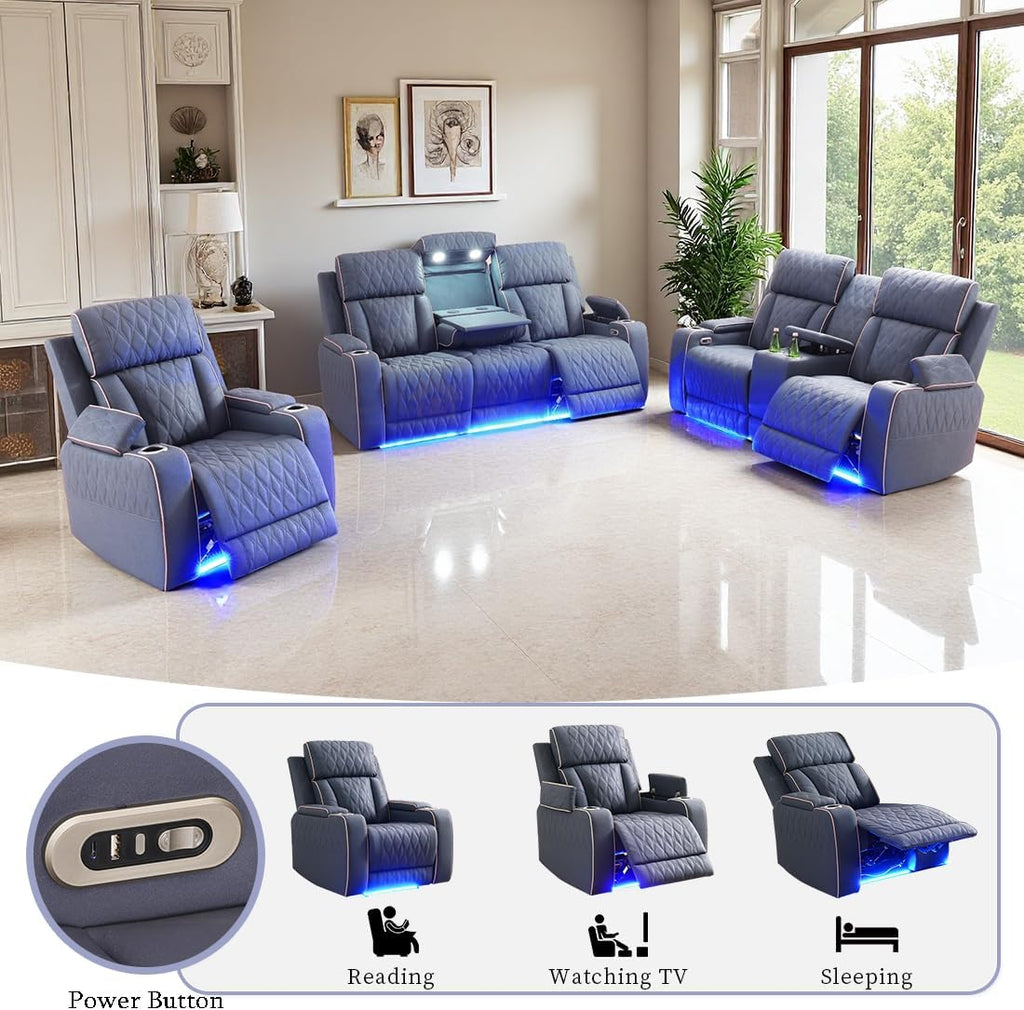 Living Room Furniture Sets, 3PCS Power Recliner Sofa, Bluish Grey Sanded Leather Power Reclining Sofa Set with 5 Recliner Seats, Storage Console and Drop-Down Table Cup Holderfor Living Room