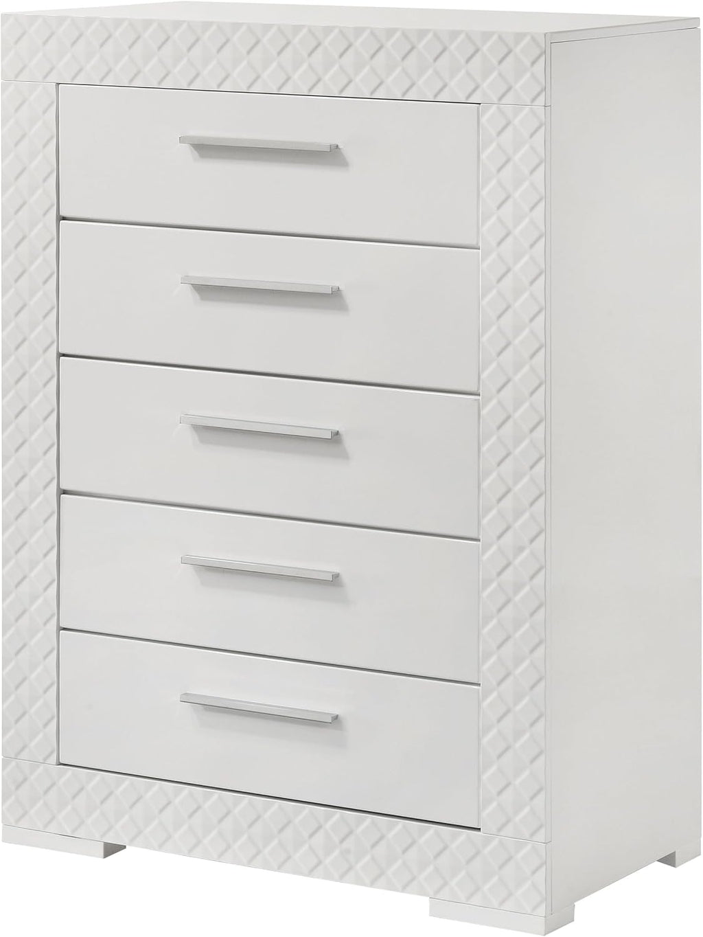 Coaster Home Furnishings - Ives - Wood - 5-Drawer Chest with 3-Dimensional Diamond Tile, Felt-Lined Top Drawer and Metal Glides - Contemporary - Bedroom - White High Gloss - 224945