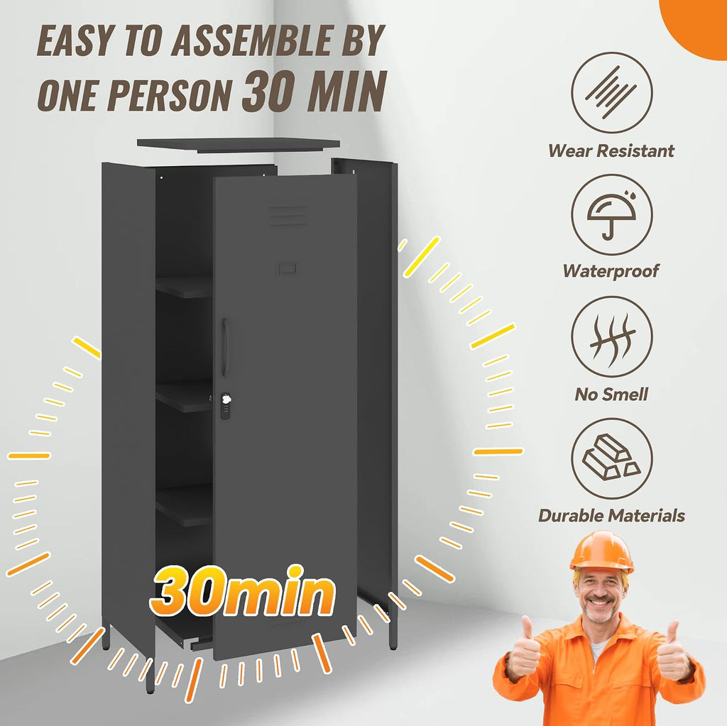 Steehoom Locker Cabinet, 59.06' H Black Metal Locker Storage Cabinet for Employees with Locking Door and 2 Shelves Kids Locker Tool File Cabinets for Bedroom, Home Office, Garage, Bathroom