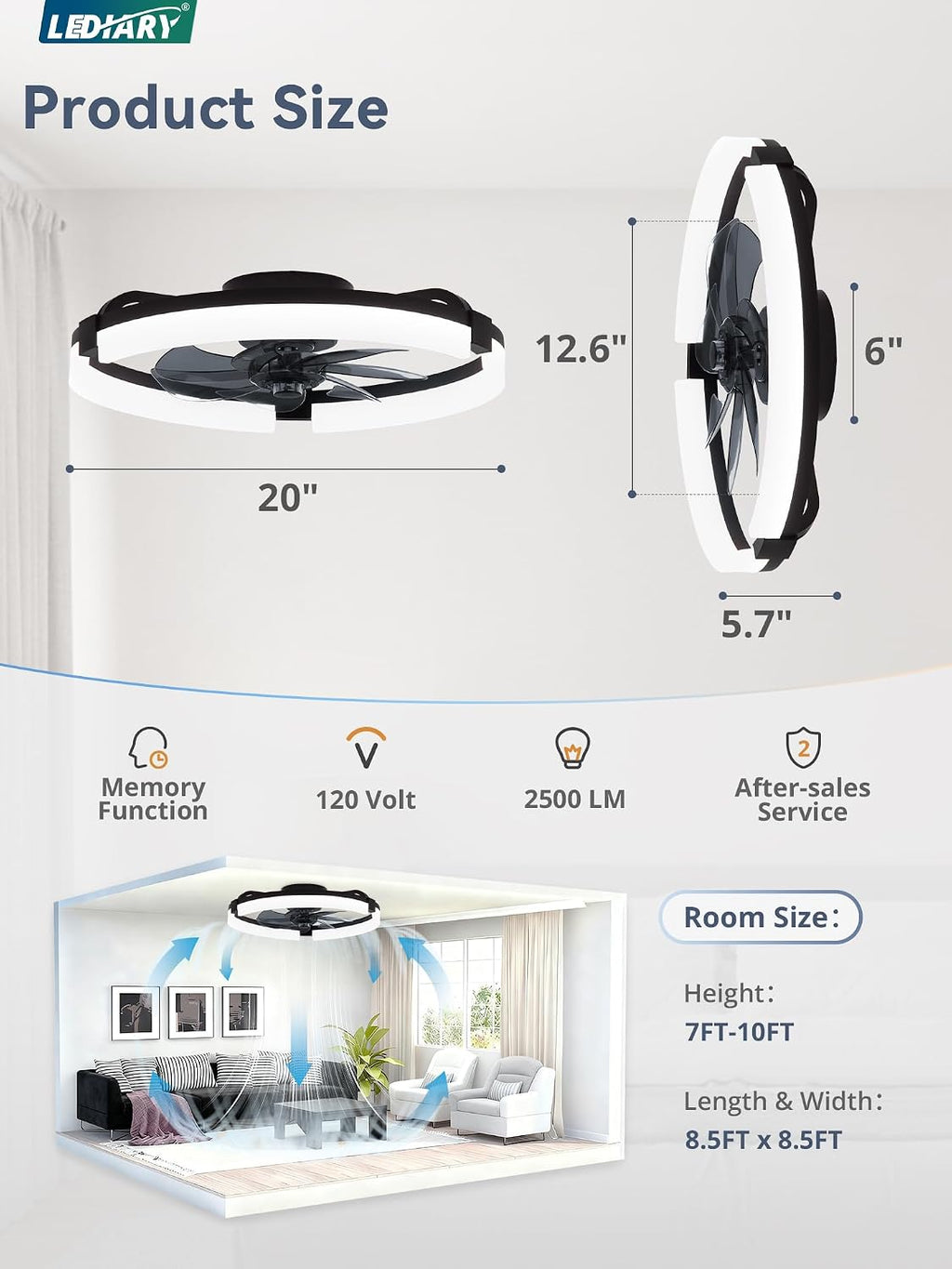LEDIARY 2 Pack 20' Ceiling Fans with Lights and Remote, Low Profile Ceiling Fan, 3 CCT, Stepless Dimmable, Fandelier Flush Mount Fan Light, 6 Speeds, DC Motor, App & Remote Control for Bedroom(Black)