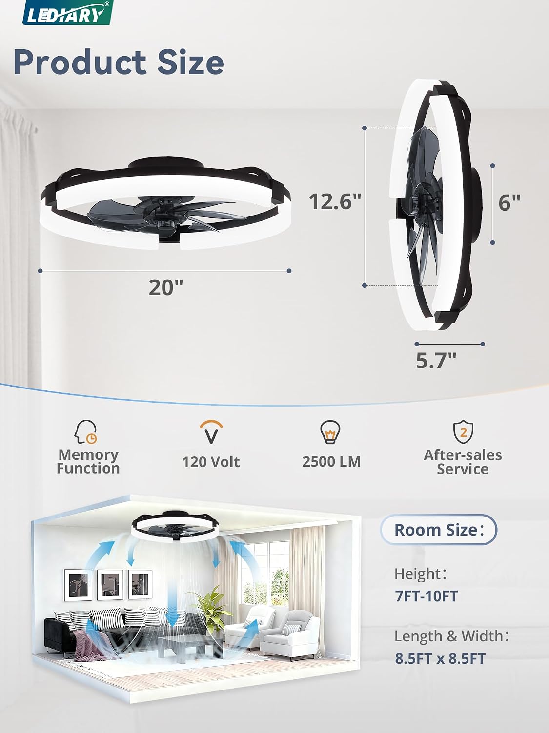LEDIARY 2 Pack 20' Ceiling Fans with Lights and Remote, Low Profile Ceiling Fan, 3 CCT, Stepless Dimmable, Fandelier Flush Mount Fan Light, 6 Speeds, DC Motor, App & Remote Control for Bedroom(Black)