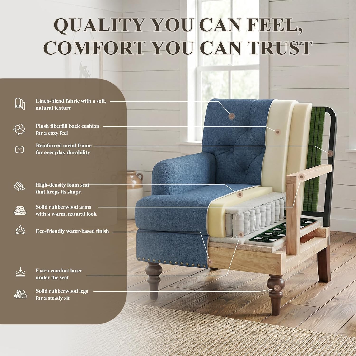 MALOL Upholstered Accent Chair, Comfy Reading Chair for Living Room, Mid Century Modern Armchair with Thick Cushion & Solid Rubberwood Legs, for Bedroom/Small Spaces, Blue