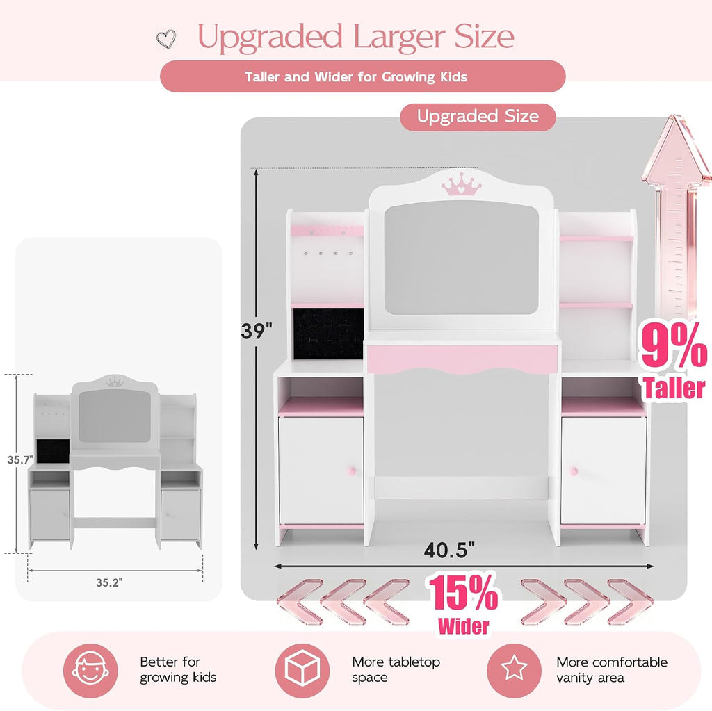 MU Kids Vanity, Girl Vanity Set with Mirror and Stool, 2 in 1 Toddler Makeup Vanity Table with Jewelry Storage, Wooden Princess Makeup Desk Dressing Table for Little Girls, (White)