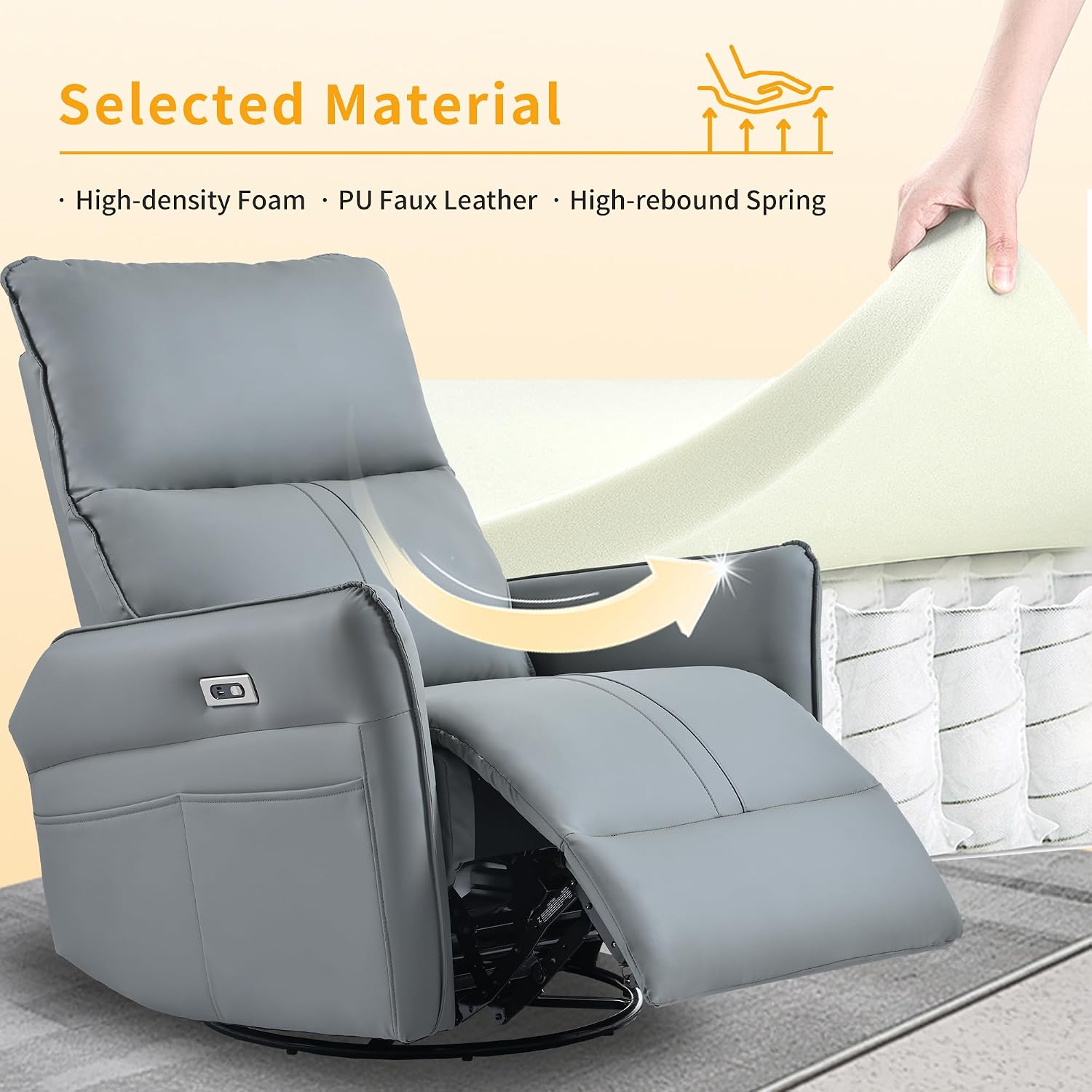 Ball & Cast Power Recliner Chair with USB and Type-c Ports,Swivel Rocker Recliner Sofa W/Padded Backrest,Infinite Position Power Lift Chair,for Living Room,Bedroom,Home Theaters,Blue-Gray