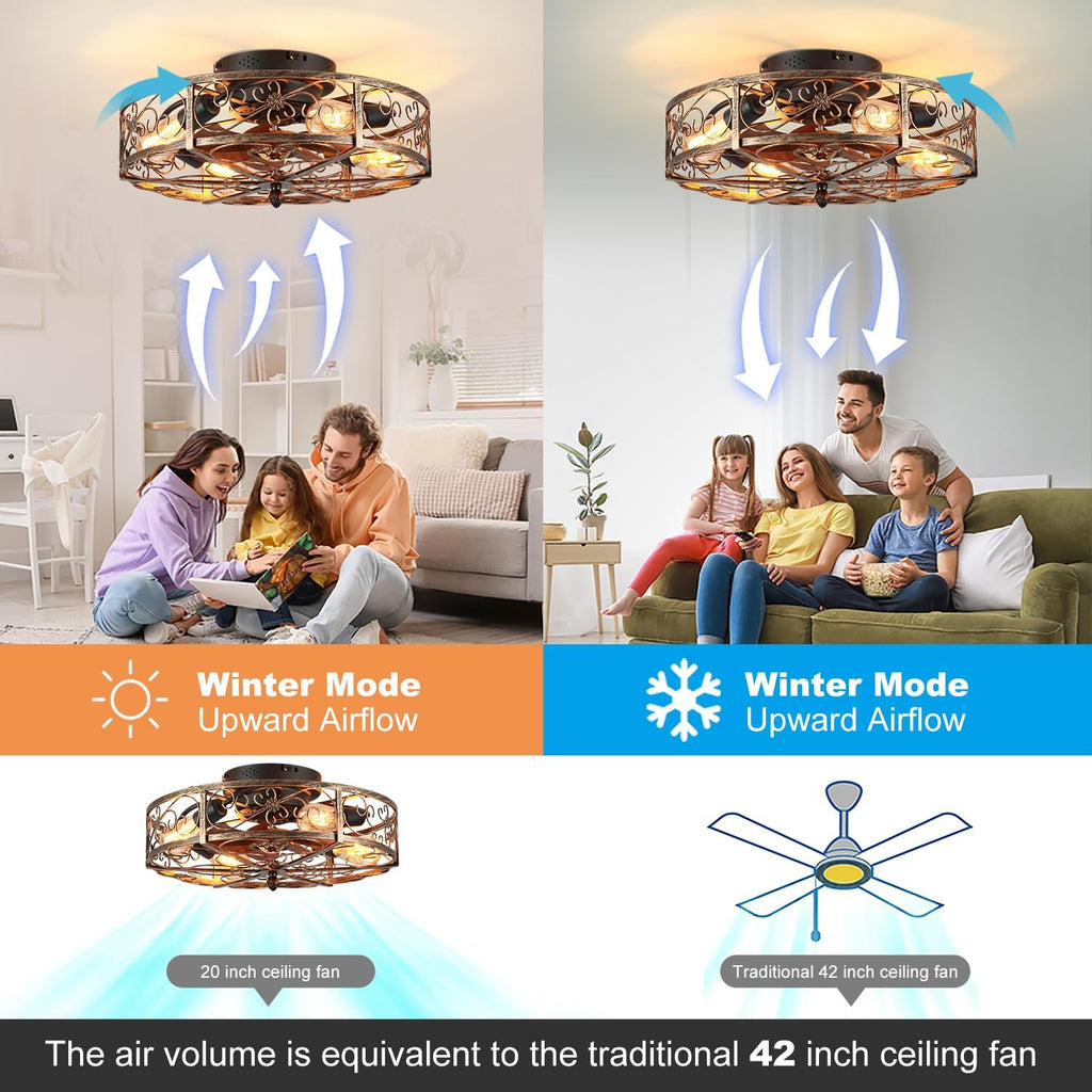 20'' Caged Ceiling Fan with Lights and Remote Control,Small Farmhouse Bladeless Low Profile Ceiling Fans Lights,Vintage Flush Mount Ceiling Light,Reversible Motor 6 Speeds for Bedroom,Living Room
