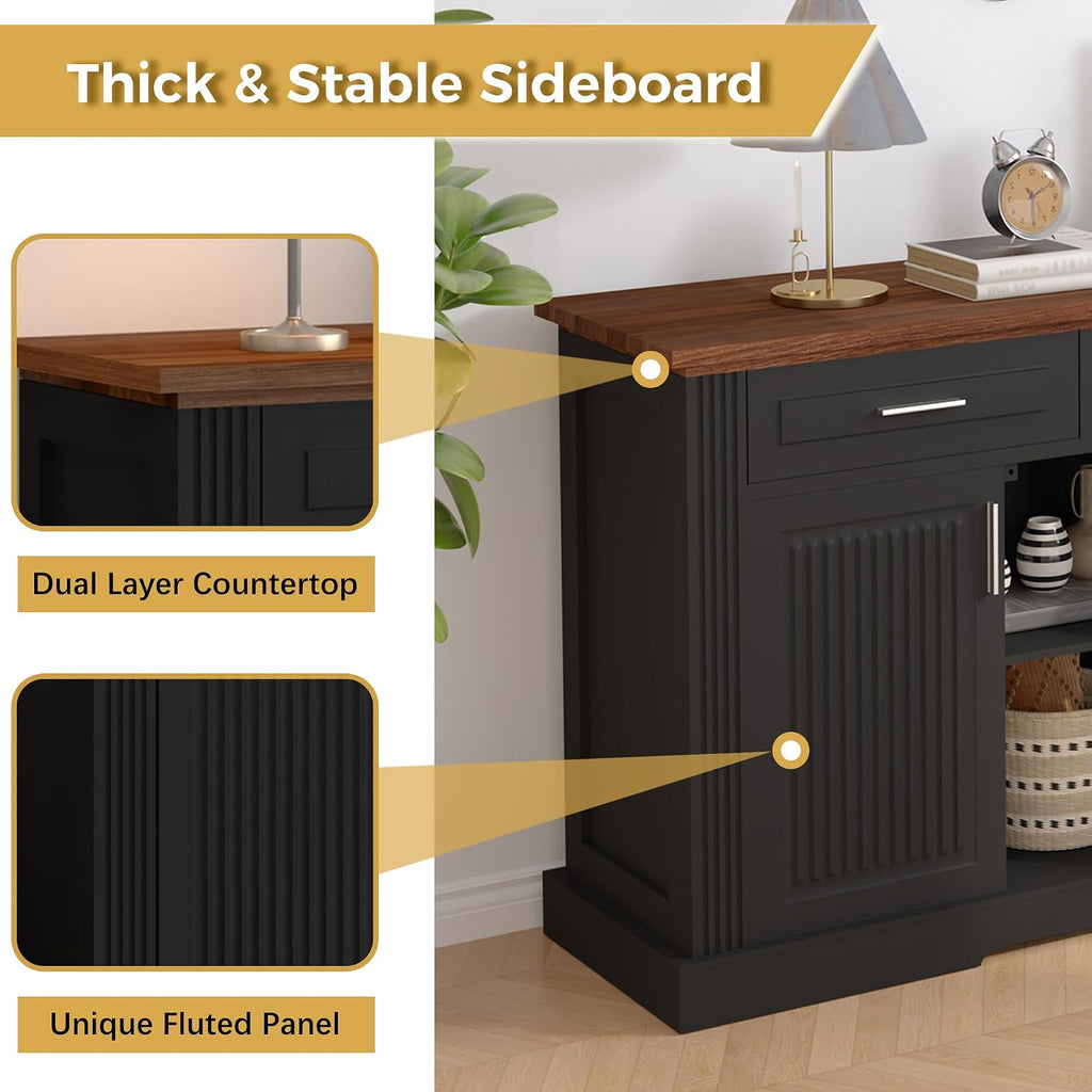 RiteSune Buffet Cabinet with Storage, 63' Modern Farmhouse Coffee Bar Cabinets with 3 Drawers and 4 Doors, Black Sideboard Buffet Cabinet, Wood Buffet Storage Table for Kitchen, Dining Room (Black)
