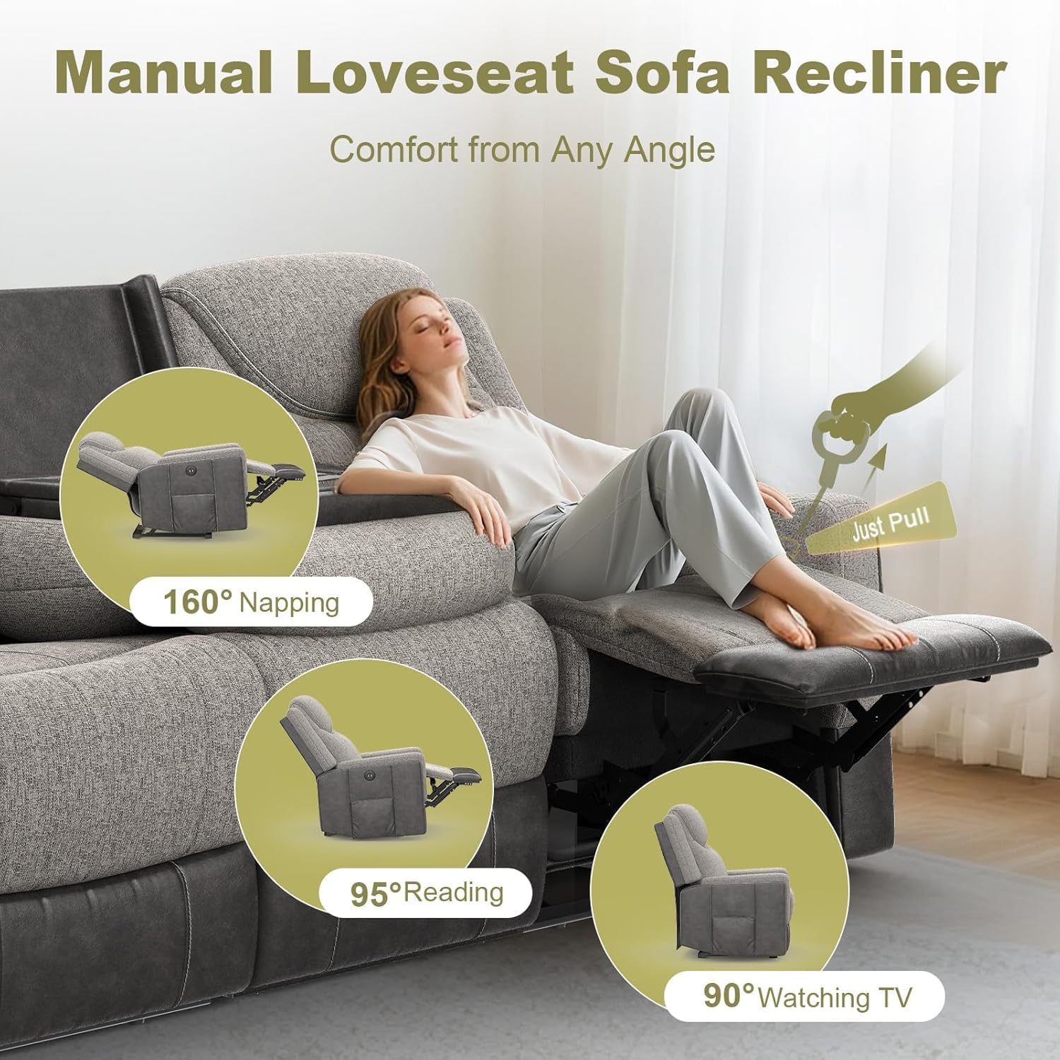 Dresegmt 4 Seat Manual Reclining Sofa, Flip Middle Backrest 2-in-1 Recliner Couch with Large Storage Drawer, USB Ports & Cup Holders, Grey Linen & Leather 4 Seater Recliner Sofa for Living Room