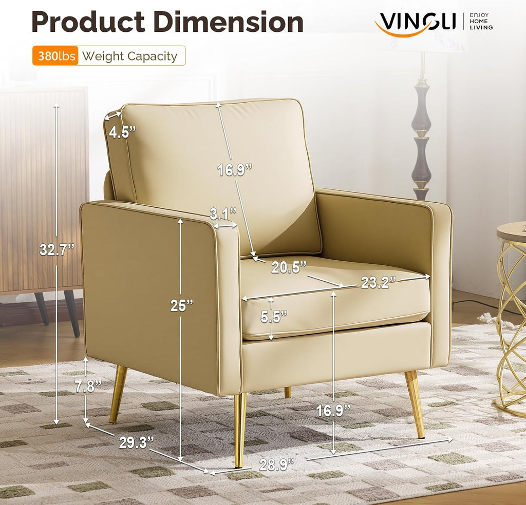 VINGLI PU Leather Accent Chairs Set of 2, Mid-Century Modern Living Room Chairs with Removable Cushions, Gold Legs, Upholstered Sofa Armchair for Bedroom, Office, Apartment, Play Room