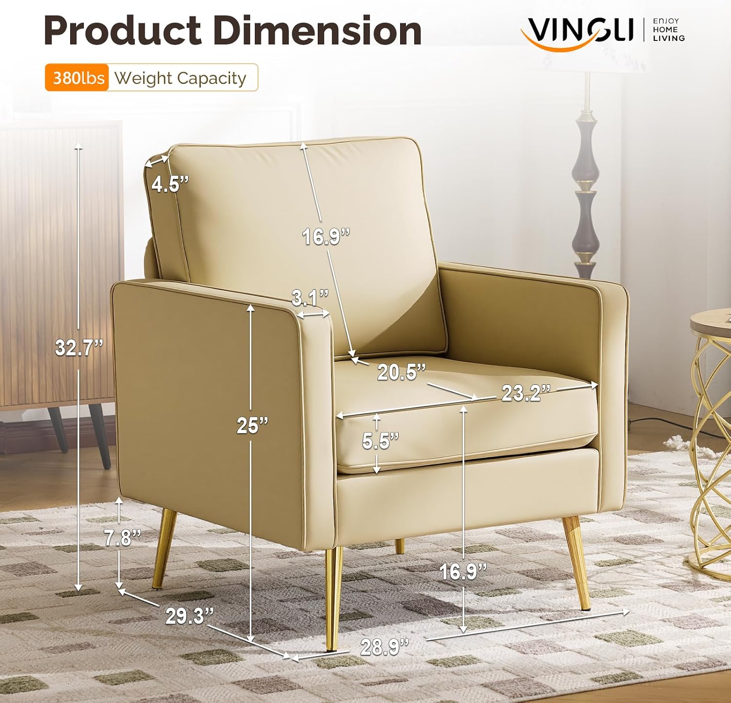 VINGLI PU Leather Accent Chairs Set of 2, Mid-Century Modern Living Room Chairs with Removable Cushions, Gold Legs, Upholstered Sofa Armchair for Bedroom, Office, Apartment, Play Room