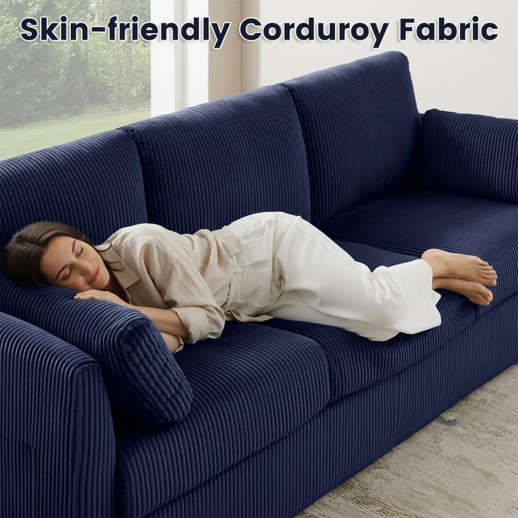 3 Seater Couches for Living Room, 79' Modern Corduroy Sofa with 2 Pillows and Storage Pockets, Small Comfy Couches for Apartment, Small Spaces, Bedroom, Office, Navy Blue