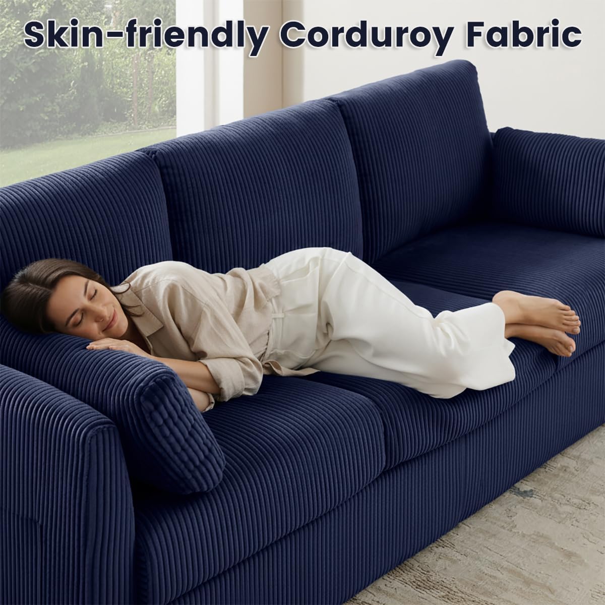3 Seater Couches for Living Room, 79' Modern Corduroy Sofa with 2 Pillows and Storage Pockets, Small Comfy Couches for Apartment, Small Spaces, Bedroom, Office, Navy Blue