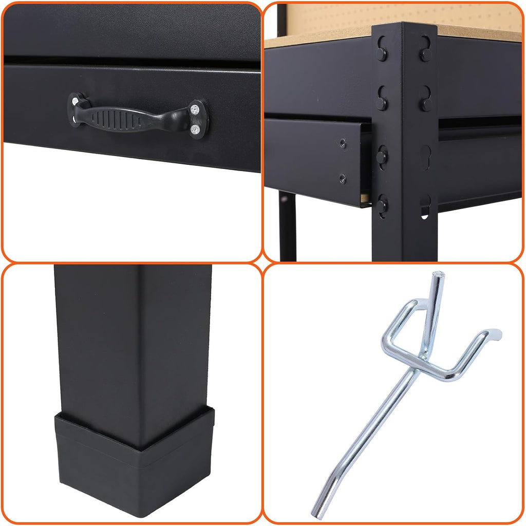 Workbench with Power Outlets and LED Light - Steel Workbench with 4xAC Outlets 2xUSB Ports, Garage Work Bench with Drawer and Peg Board, Workshop Tools Table, Mens Gifts, 59' H x 48' L x 24' D