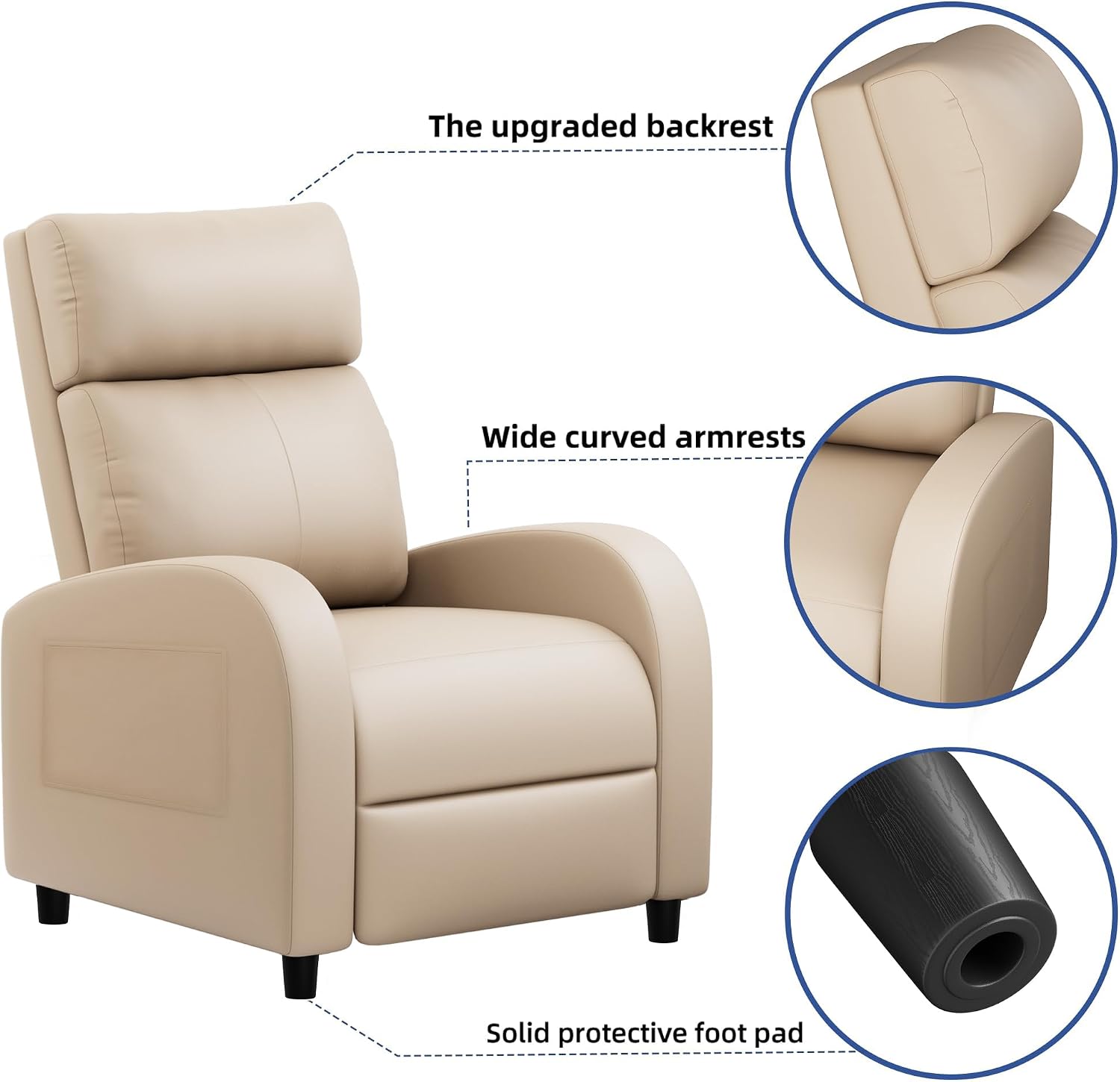 JUMMICO Recliner Chair Adjustable Home Theater Single Recliner Sofa Furniture with Thick Seat Cushion and Backrest Modern Living Room Recliners (Leather, Beige)