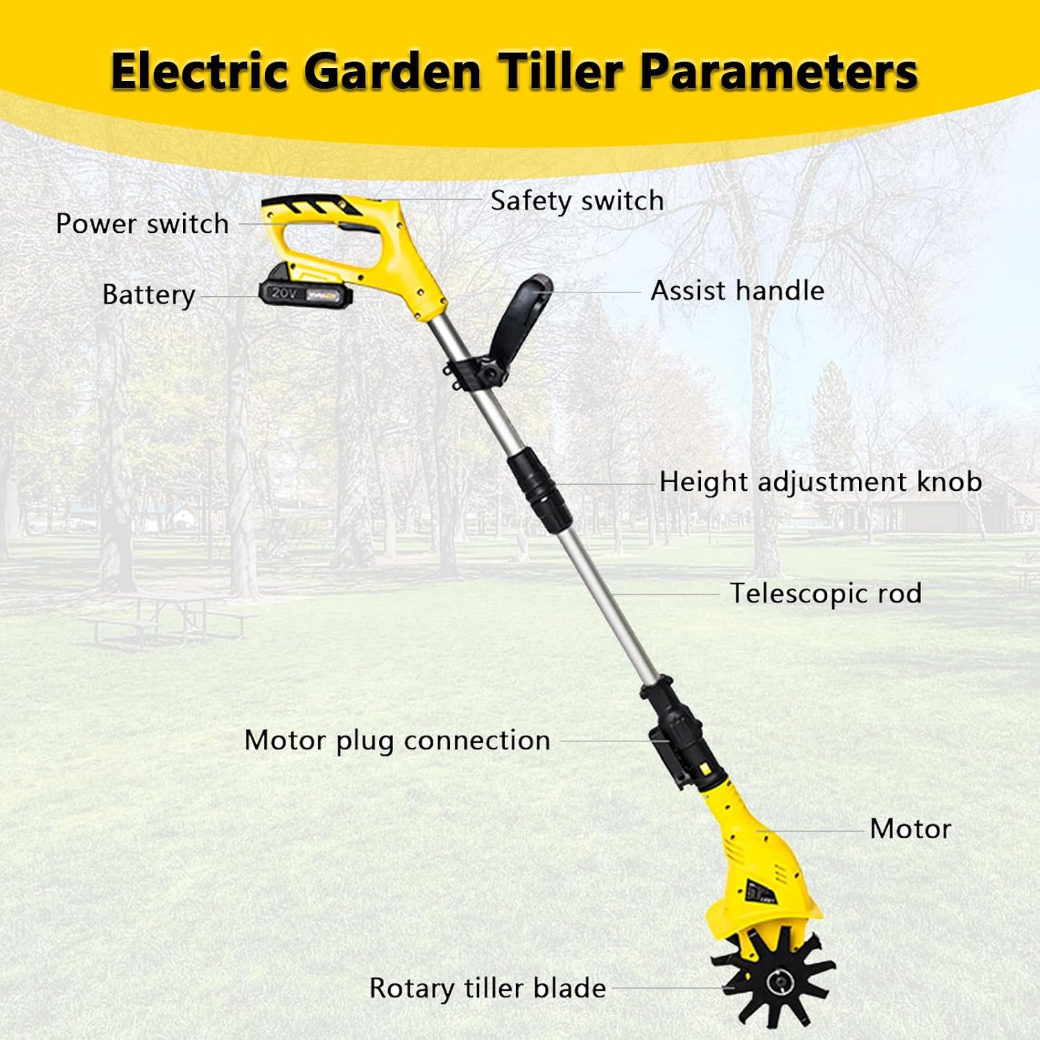 Electric Garden Tiller, Rototiller Tool with Aluminum Alloy Telescopic Rod, Ergonomic Handle, Electric Garden Rototiller for Garden Lawn Soil Digging, Included Battery
