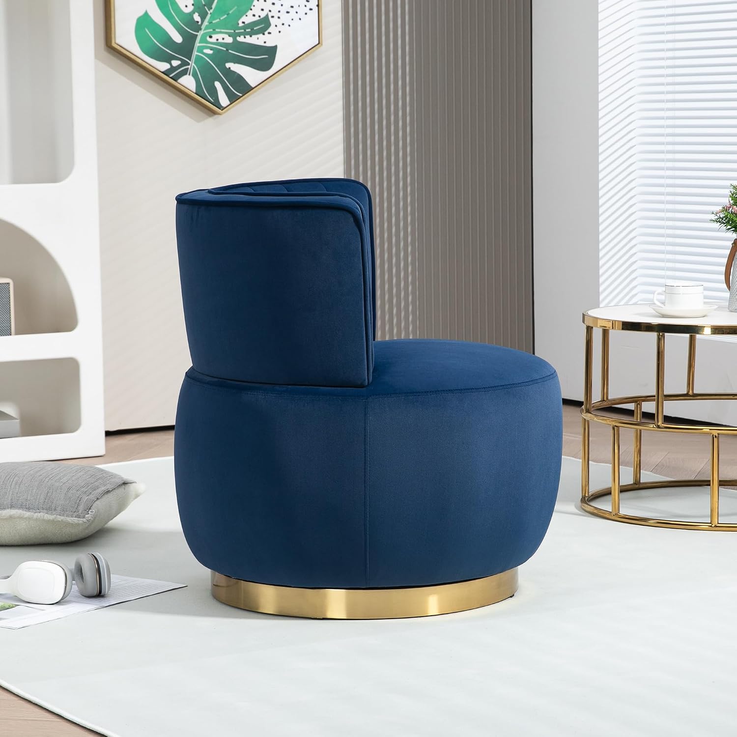 KEIKI Swivel Barrel Accent Chair, 360 Degree Rotating Upholstered Armchair with Velvet Fabric for Living Room, Office, Bedroom, Navy Blue