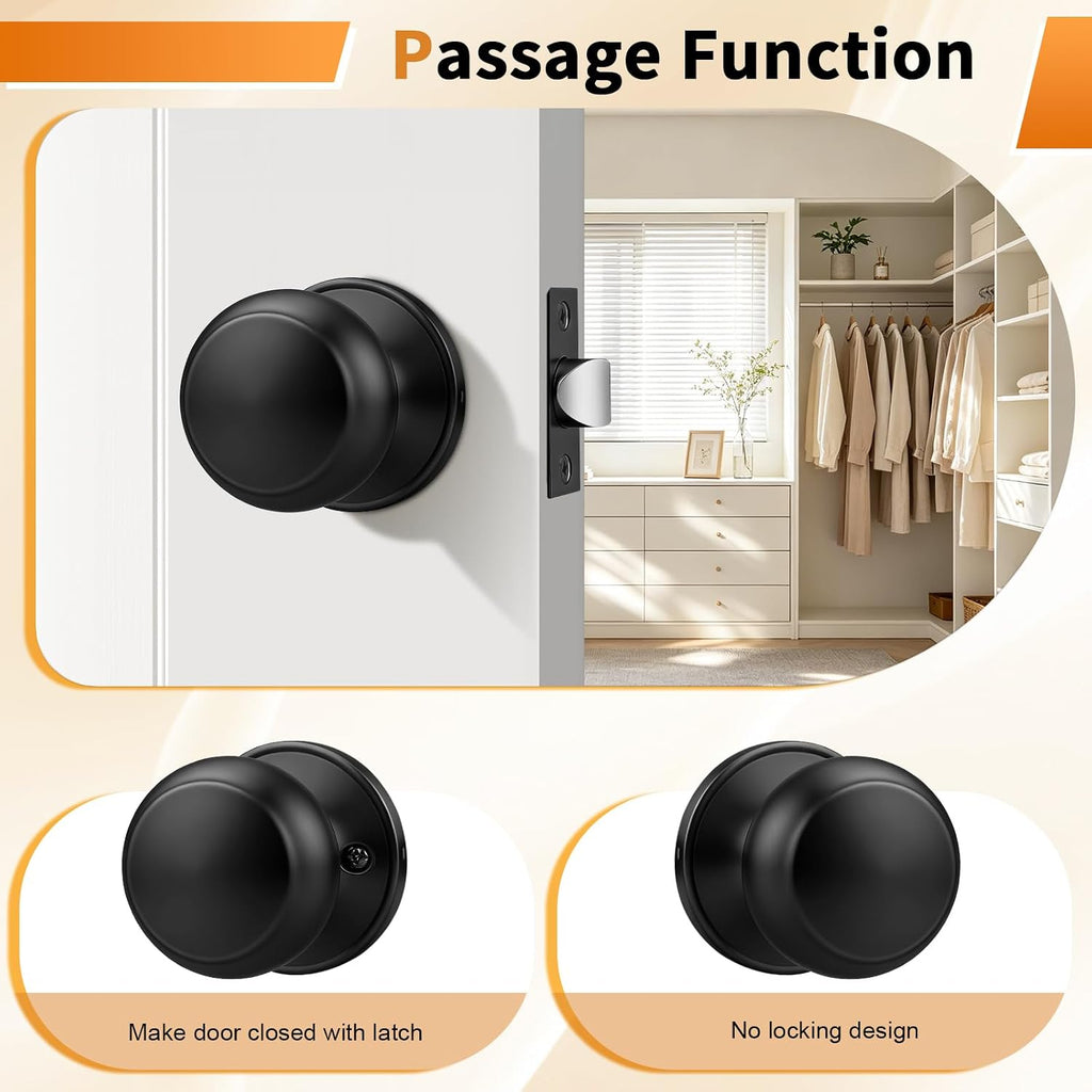 Probrico Interior Closet Door Knob, Black Door Knobs for Interior Doors, Hallway Passage Door Knob with Round Ball Knob, 12 Pack