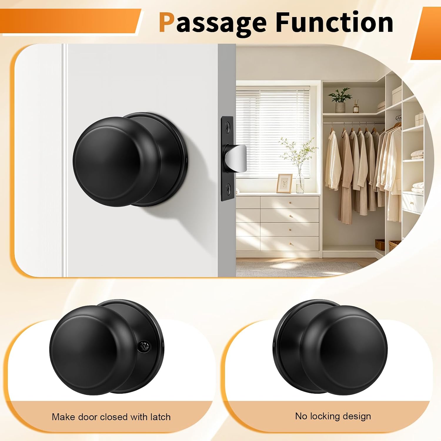 Probrico Interior Closet Door Knob, Black Door Knobs for Interior Doors, Hallway Passage Door Knob with Round Ball Knob, 12 Pack