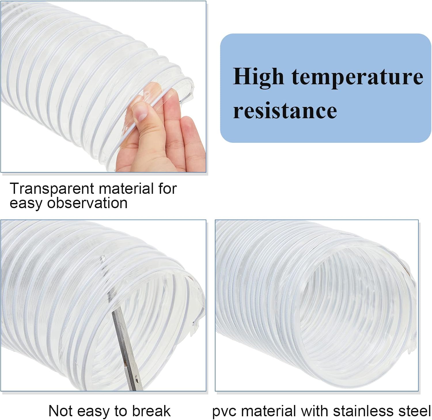 Amylove 4 Inch, 100 ft Heavy PVC Dust Collection Hose, Flexible Clear PVC Fume Hose with Stainless Steel Wire Coil and Clamp, Puncture Resistant Vacuum Fittings Dust Collector Accessories