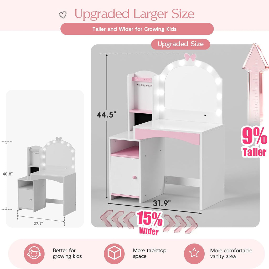 MU Kids Vanity, Girl Vanity Set with Mirror and Chair, 2 in 1 Toddler Makeup Vanity Table with Jewelry Storage, Wooden Princess Makeup Desk Dressing Table for Little Girls, White