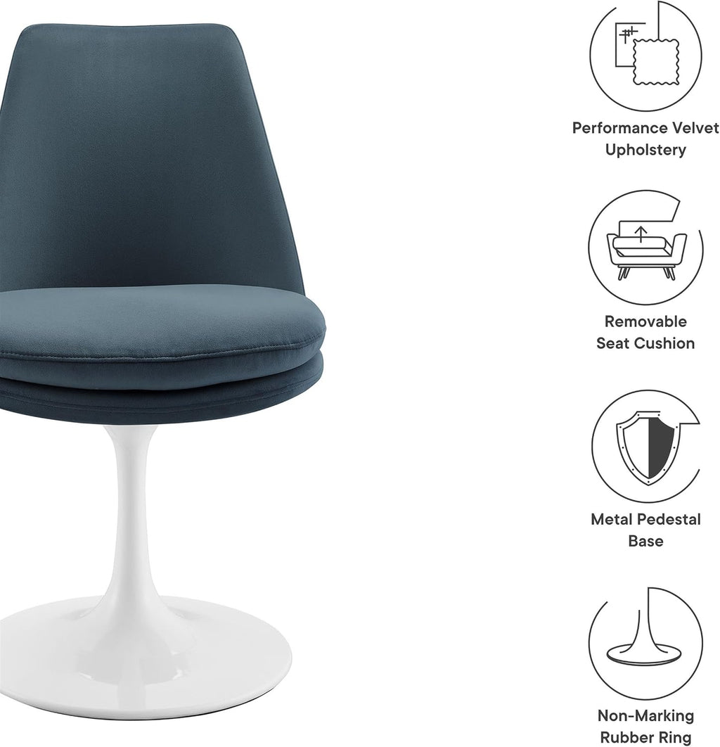 Modway Lippa Velvet Swivel Dining Side Chair in White Cadet Blue - Armless Accent Chair with Stain-Resistant Performance Velvet Upholstery - 360° Rotating Office Chair
