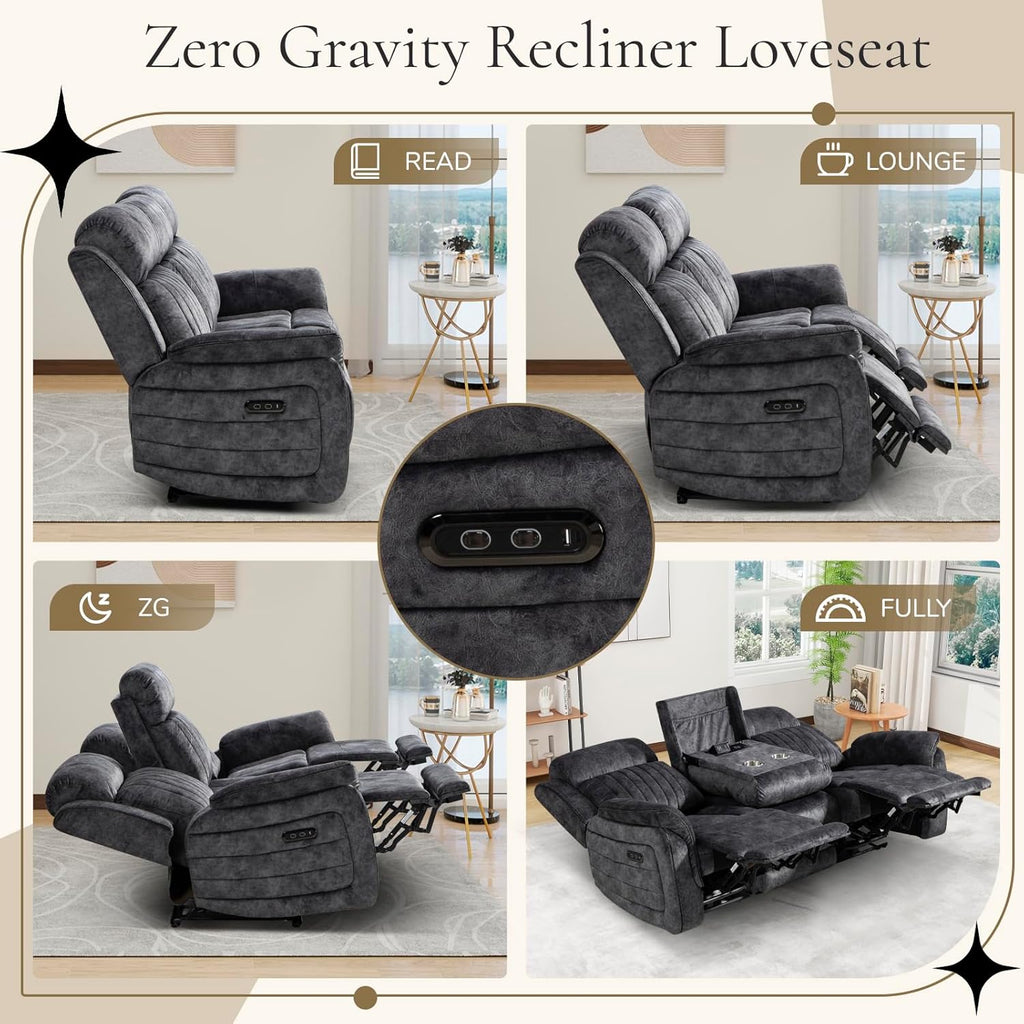 Power Reclining Sofa with Zero Gravity, Adjustable Headrest, Electric Reclining Couch with Wireless Charge, Outlets, Power Loveseat Recliner Sofa for Living Room (Grey, 3 Seater Sofa)