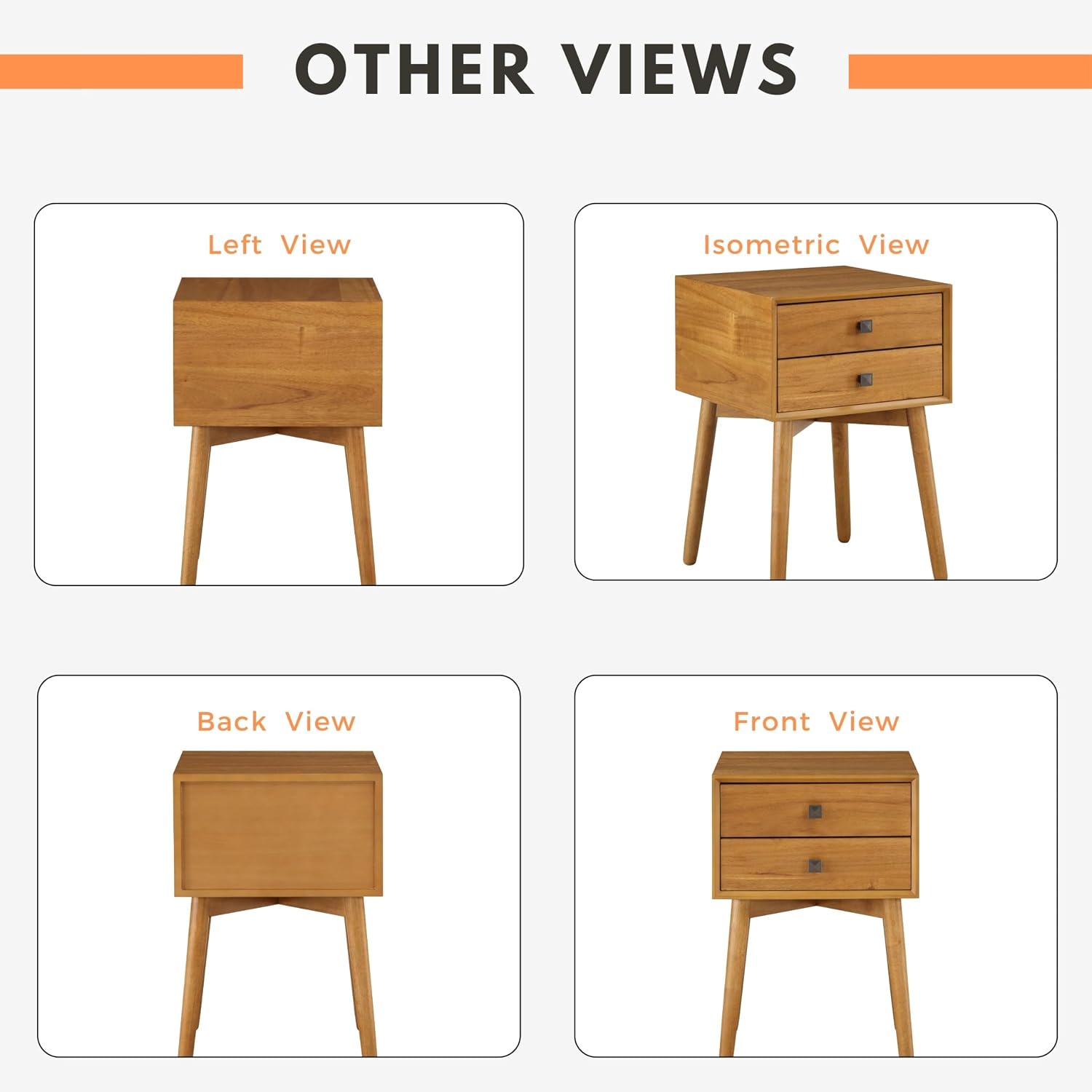24/7 Shop at Home Goerge Mid-Century Modern Nightstand, Solid Rubber Wood Dresser, Small Bedside Tables with 2 Drawers, with Tapered Legs for Bedroom, Living Room, Home Office, Light Oak Brown