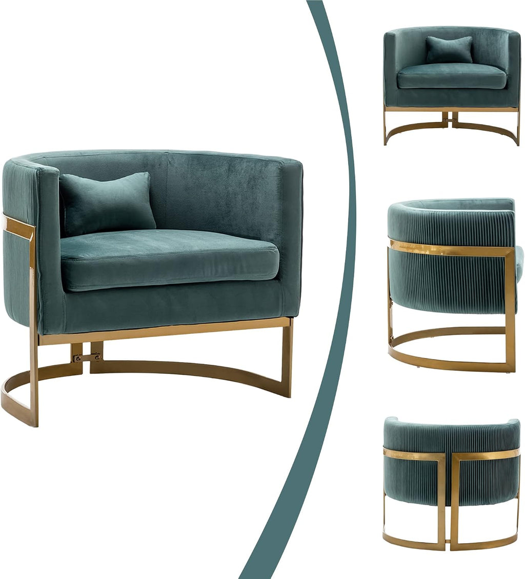 Velvet Accent Chair, Modern Upholstered Arm Chair for Living Room Bedroom Sofa Side Chair Velvet Barrel Chair with Gold Legs Lake Blue