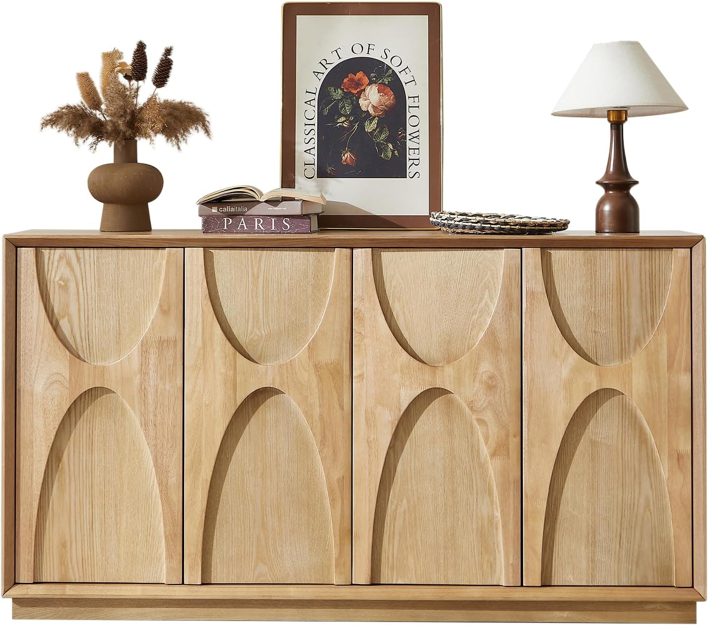 LKTART 59' Sideboard Buffet Cabinet Retro Accent Storage Cabinet with Magnetic Door Latches Adjustable Shelf for Living Room Kitchen(Natural Oak)