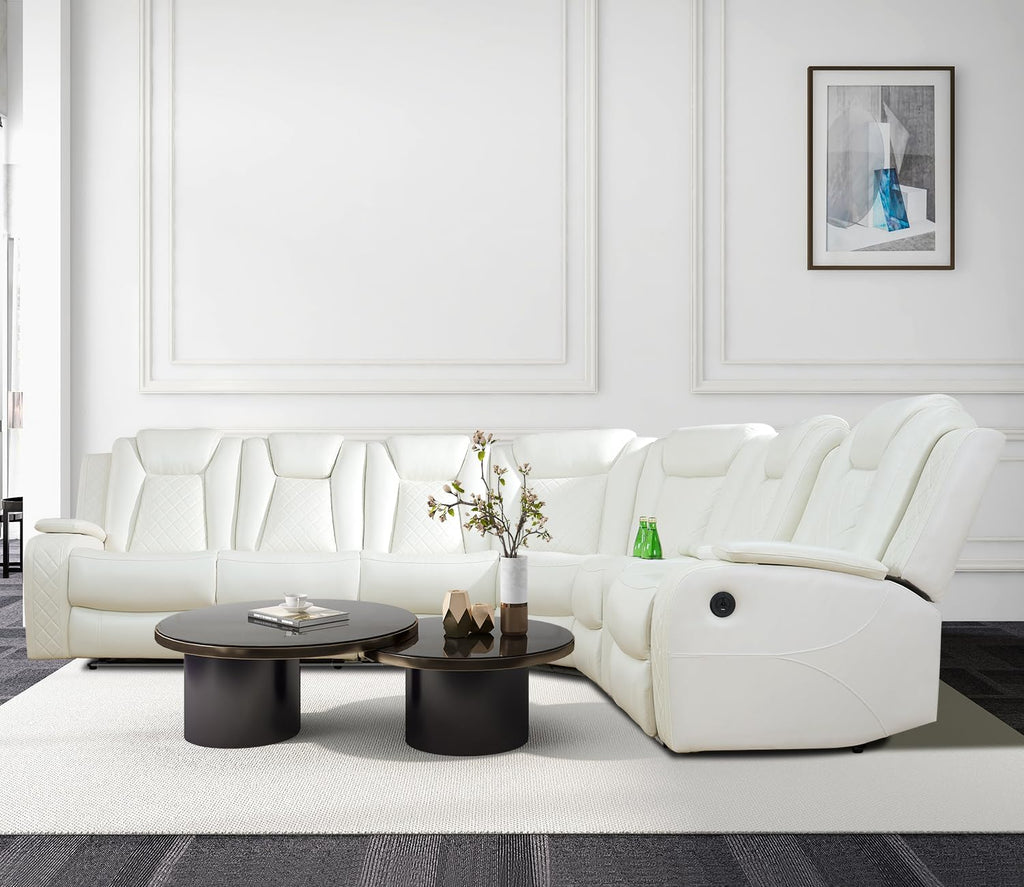 Power Recliner Sofa Sectional Couch with LED Light for Living Room,Leather Reclining Corner Sectional Sofa with 2 Recliner Seats,Cup Holder,Storage Console for House/Home Theater, Creamy