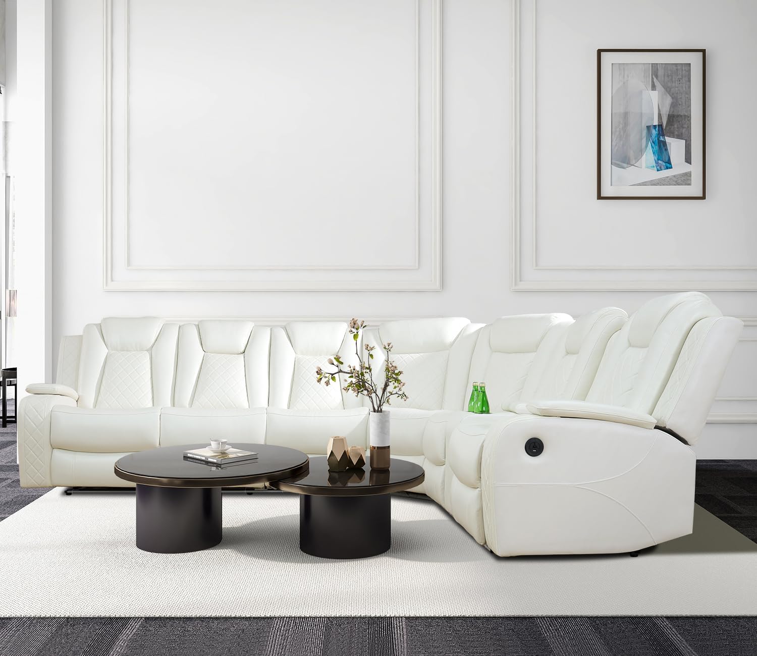 Power Recliner Sofa Sectional Couch with LED Light for Living Room,Leather Reclining Corner Sectional Sofa with 2 Recliner Seats,Cup Holder,Storage Console for House/Home Theater, Creamy