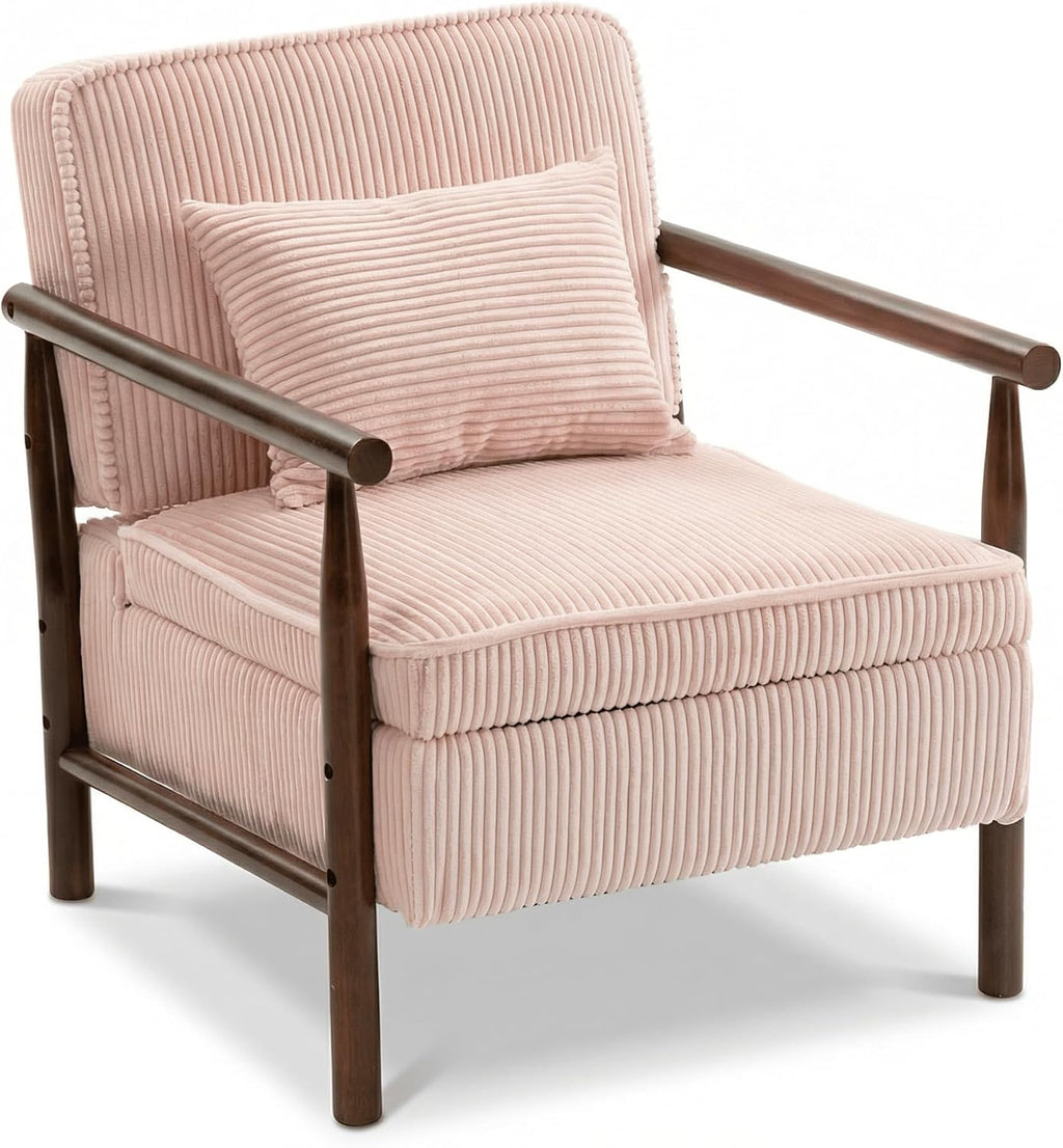 Accent Chair with Hidden Storage, Mid-Century Upholstered Armchair with Solid Wood Frame, Corduroy Fabric Accent Chair for Living Room, Bedroom, and Reading Corner(Pink)