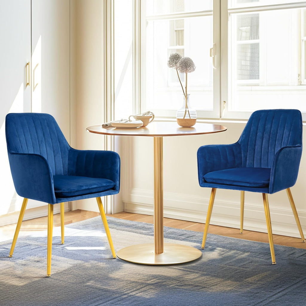 CangLong Furniture Modern Living Dining Room Accent Arm Chairs Club Guest with Gold Metal Legs, Set of 2, Navy Blue