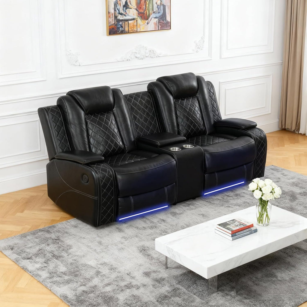 Living Room Furniture Sets, Power Recliner Sectional Sofa with LED Lights, Leather Couch Set, Reclining Loveseat for Living Room, Home Theater,and Office (2-Seater Loveseat, Black)