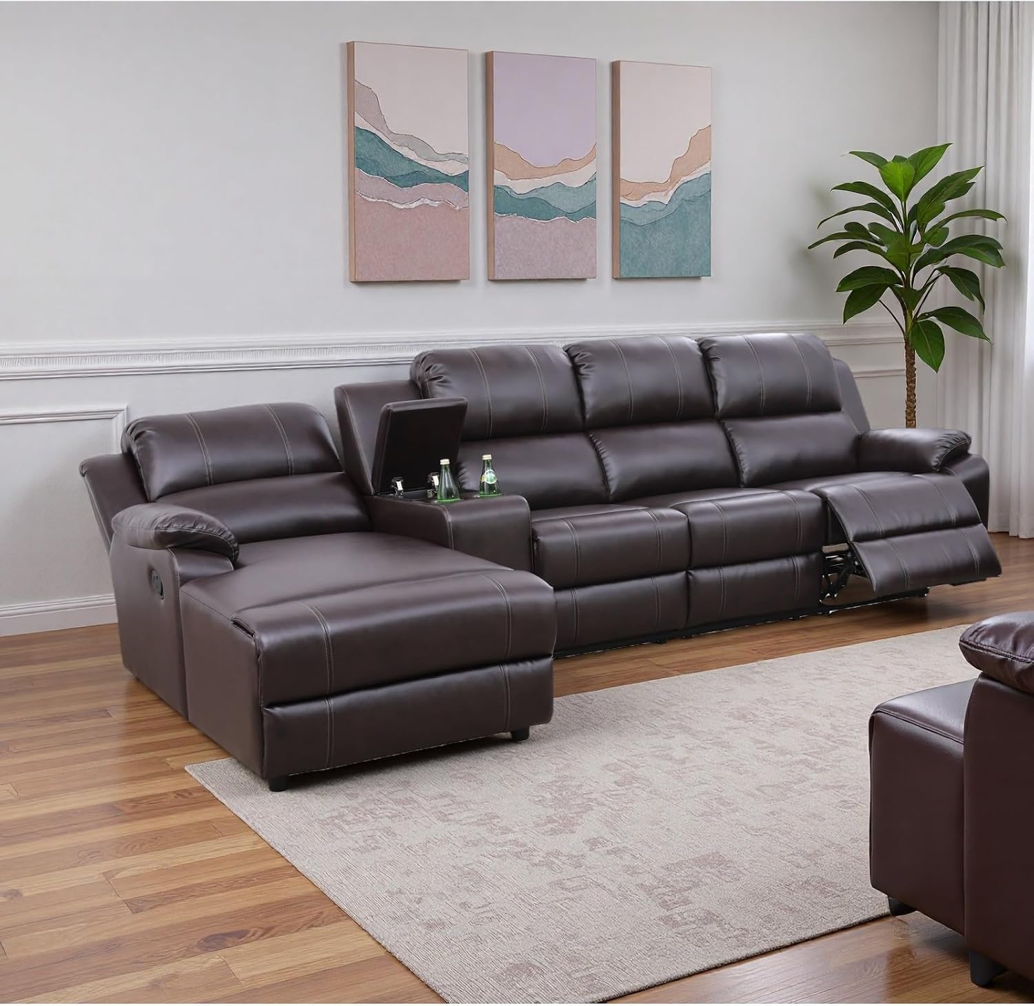 Recliner Sofa Set, Breathable Leather 3-Piece Reclining Couch Set, Living Room Furniture Set with Manual Recliners, Loveseat with Console, Cup Holders & Storage for Home Theater, Brown