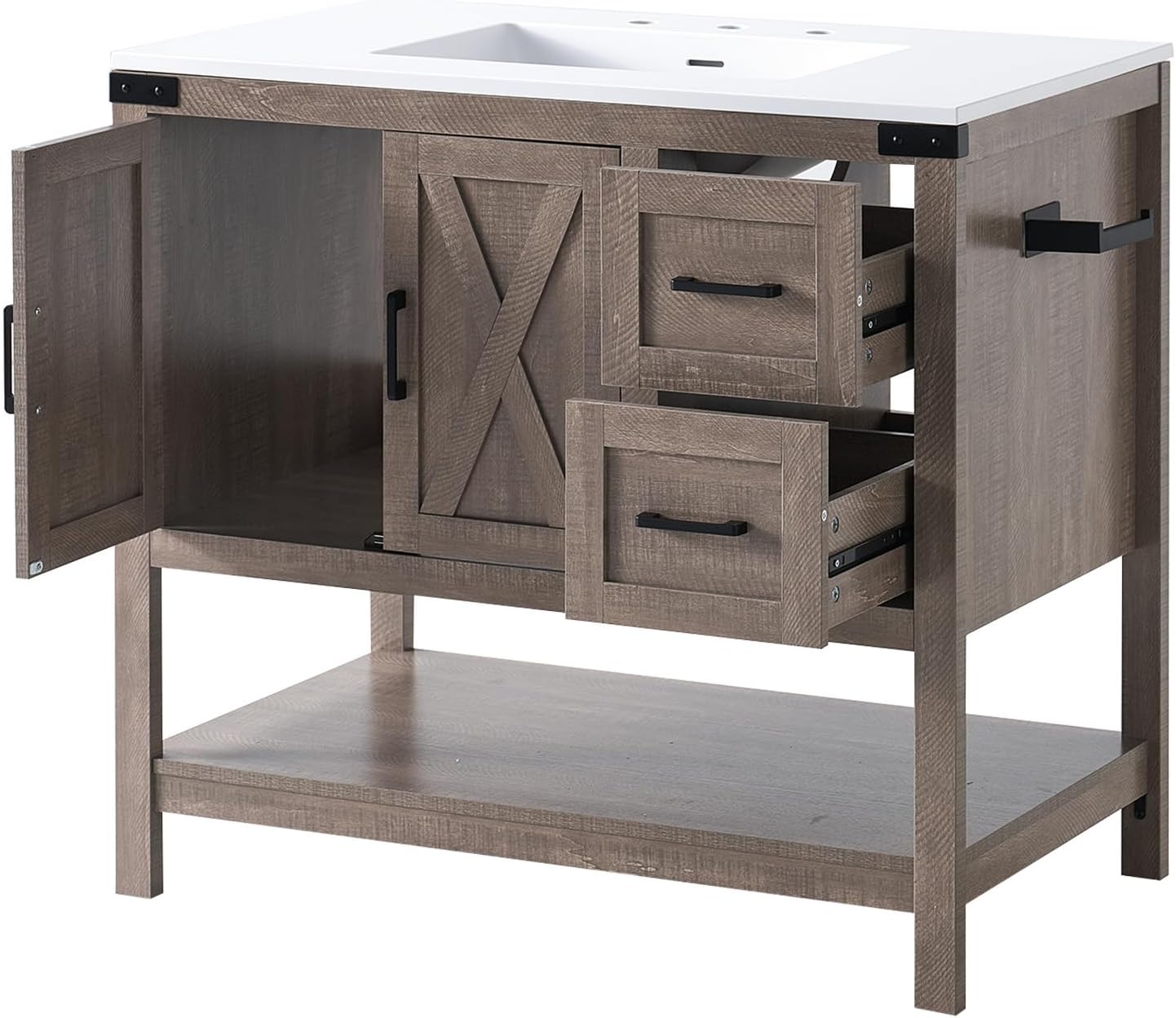 AMERLIFE 36' Farmhouse Bathroom Vanity with Sink Combo, Wood Barn Door Freestanding Small Single Bath Storage Cabinet Set with Sliding Drawers & Open Shelf, Paper Towel Holder, Light Gray