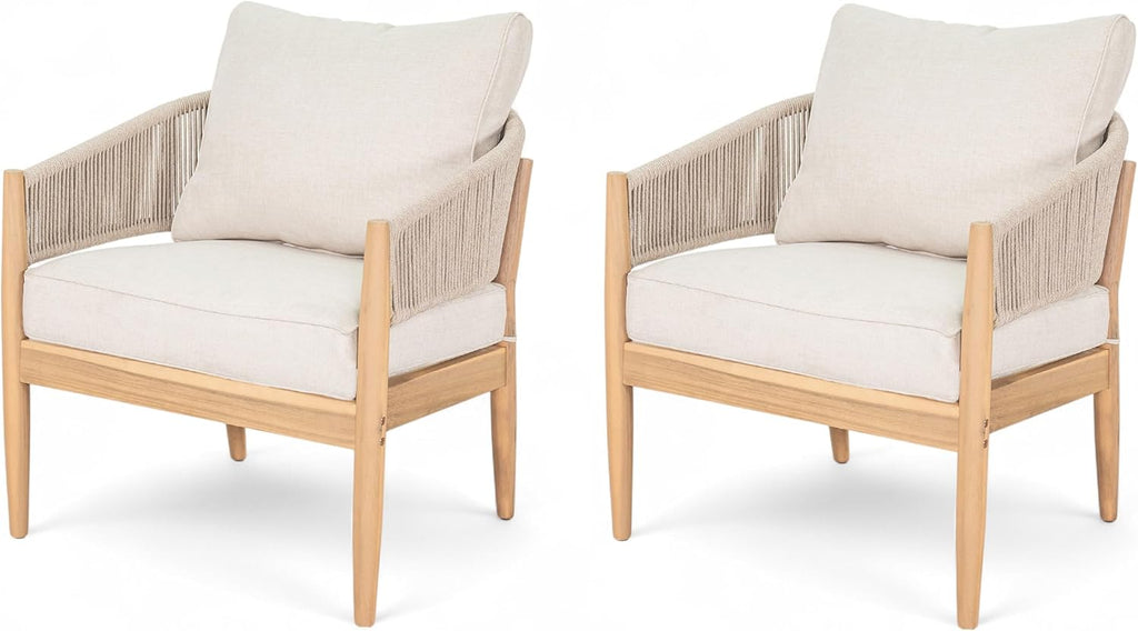 Christopher Knight Home Naomi Set of 2 Patio Acacia Wood Club Chair with Cushion, Handwoven Rope Lounge Chair Outdoor for Porch/Backyard, Stylish Garden Seating with Curved Backrest, Beige+Light Brown