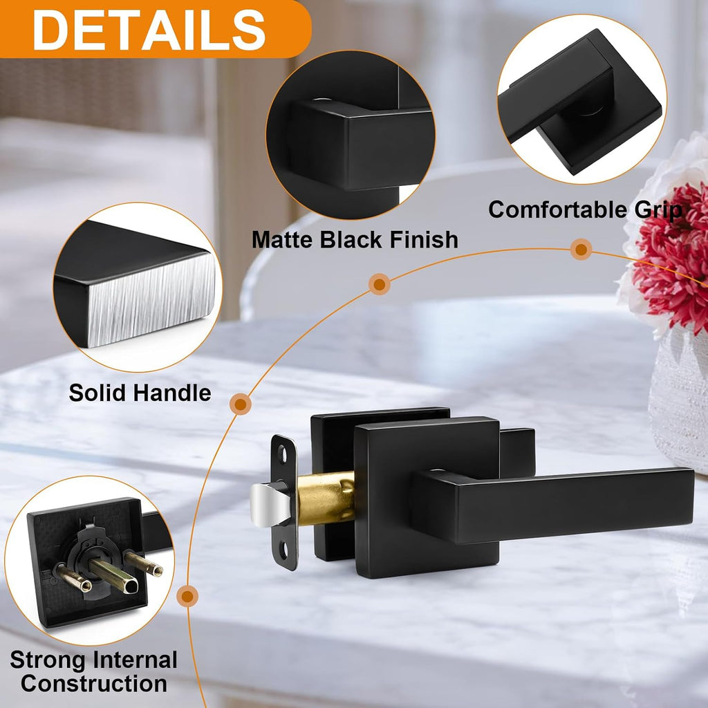 Sopoby 10 Pack Passage Door Handles Matte Black Door Knobs, Interior Door Knobs Square Heavy Duty Non-Locking Handlesets Hall Closet Handles, Reversible for Right & Left Sided Doors