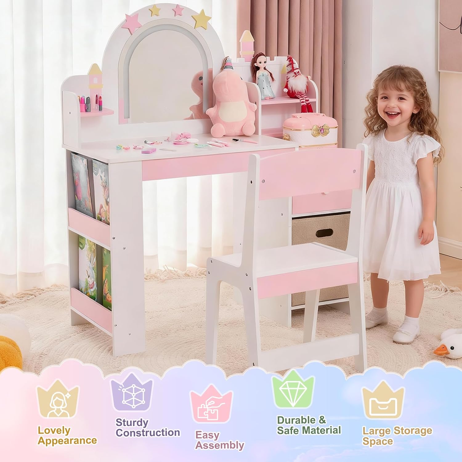 Kids Vanity Table and Chair Set with Lights, Toddler Makeup Vanity Desk with Open Bookshelf, Girls Vanity with Removable Drawers, Storage Shelves,Castle Star Pattern for Princess, White