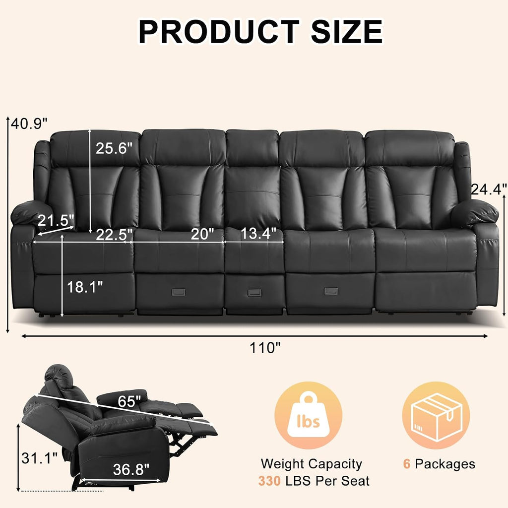 Loveseat Recliner Sofa,4 Seater Recliner Couch, Manual Reclining Loveseat with Console for Living Room, Home Theater Seating with AC/USB C/USB Ports Drawer Cup Holder (Black, 4 Seater + Console)