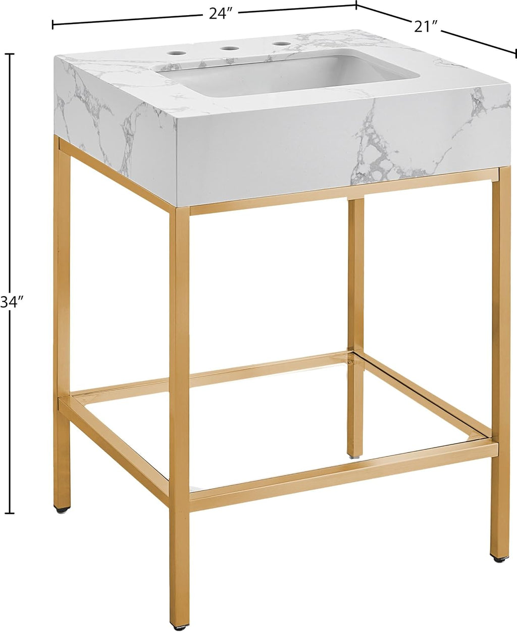 Meridian Furniture 406White-24 Marmo Collection Modern | Contemporary Bathroom Vanity with White Engineered Stone with Grey Veining, Brushed Brass Stainless Steel Base, 24' W x 21' D x 34' H, White