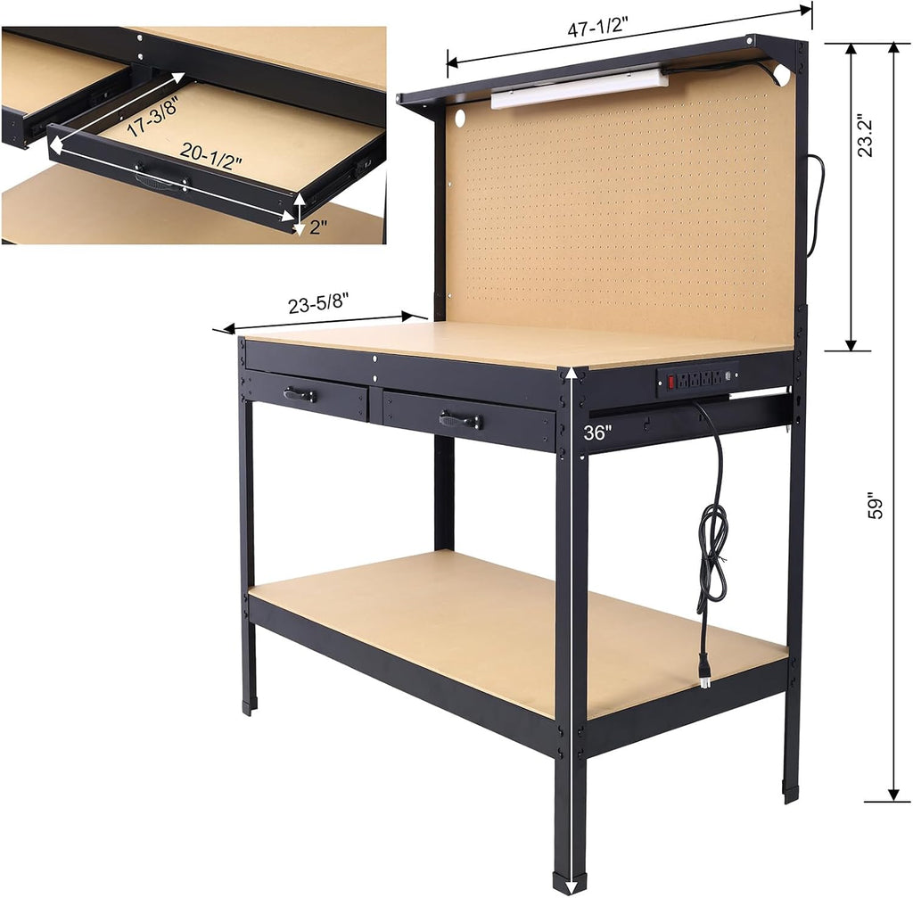 Workbench with Power Outlets and LED Light - Steel Workbench with 4xAC Outlets 2xUSB Ports, Garage Work Bench with Drawer and Peg Board, Workshop Tools Table, Mens Gifts, 59' H x 48' L x 24' D