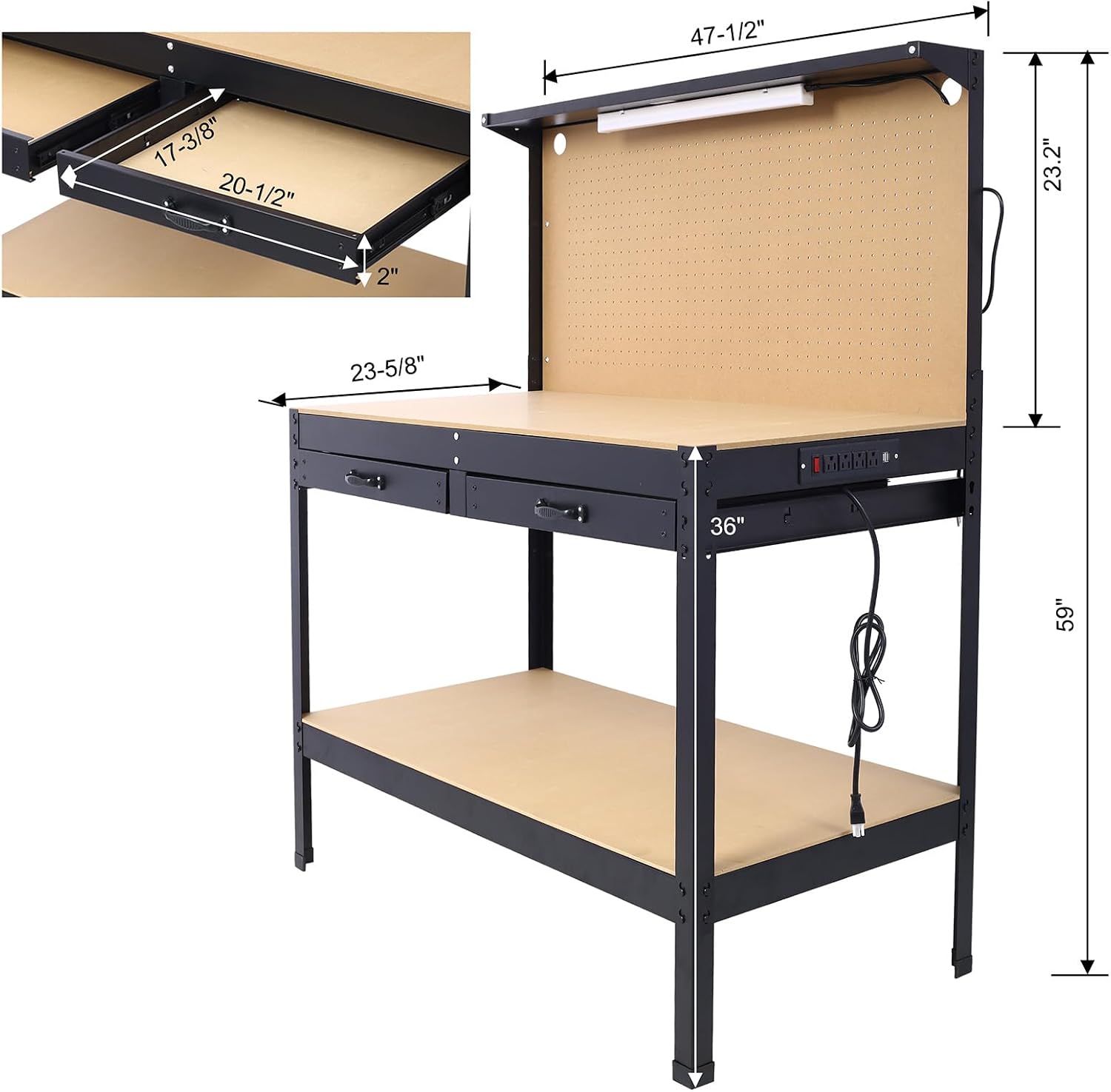 Workbench with Power Outlets and LED Light - Steel Workbench with 4xAC Outlets 2xUSB Ports, Garage Work Bench with Drawer and Peg Board, Workshop Tools Table, Mens Gifts, 59' H x 48' L x 24' D