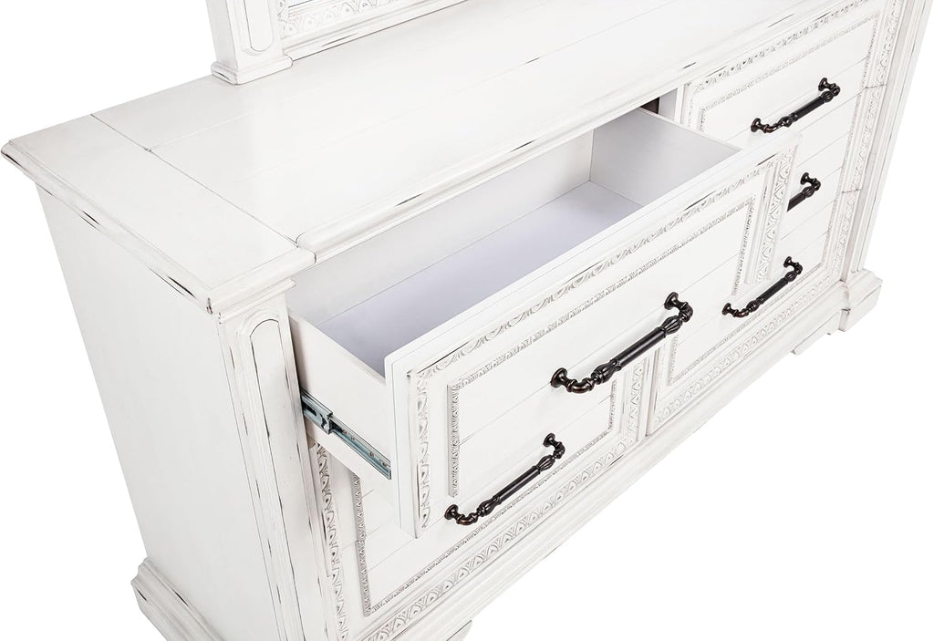 Coaster Home Furnishings - McKinney - Poplar Wood - 6-Drawer Dresser with 50-Inch Rectangular Mirror, Traditional Style, Jewelry Tray, and Antique Bronze Hardware - Bedroom - Vintage White - 215873M