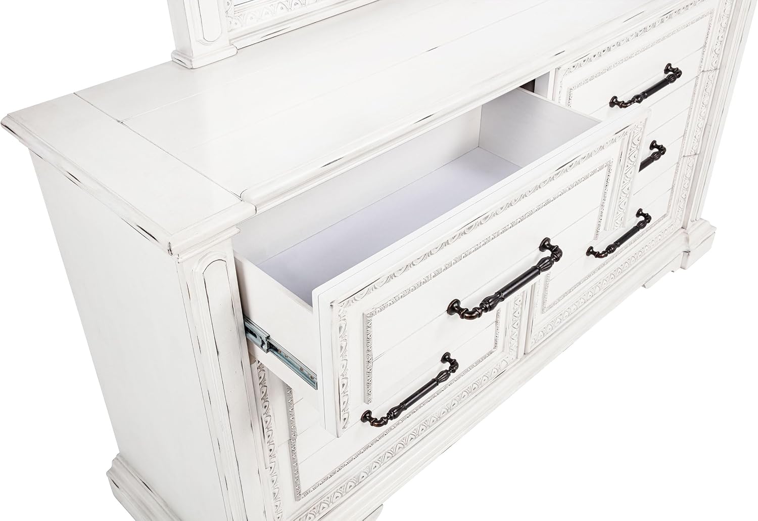 Coaster Home Furnishings - McKinney - Poplar Wood - 6-Drawer Dresser with 50-Inch Rectangular Mirror, Traditional Style, Jewelry Tray, and Antique Bronze Hardware - Bedroom - Vintage White - 215873M