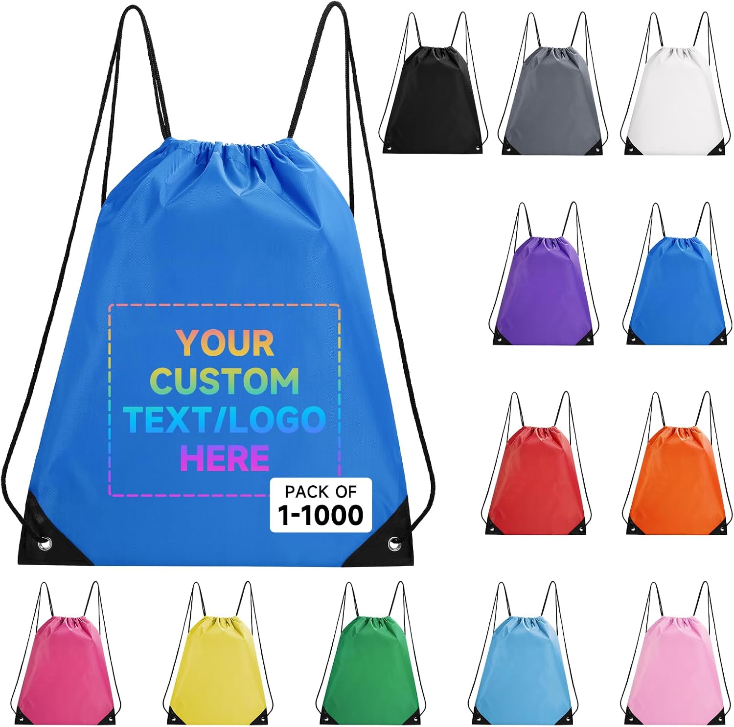Custom Drawstring Bags With Logo, 1000 Pack Personalized Text Drawstring Backpack Bulk Great for Travelling, Gym and for Everyday Use (Deep Blue)