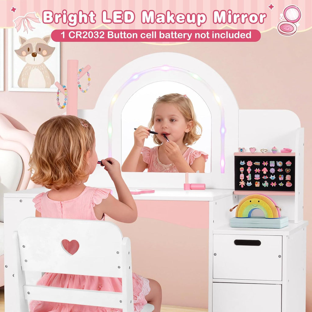 INFANS Kids Vanity with Lights, Princess Makeup Desk with Mirror, Jewelry Hanger, Fabric Drawers, Toddler Table and Chair Set Pretend Play for Girls